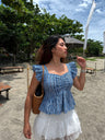 Blue Floral Printed Peplum Top with Back Smocking