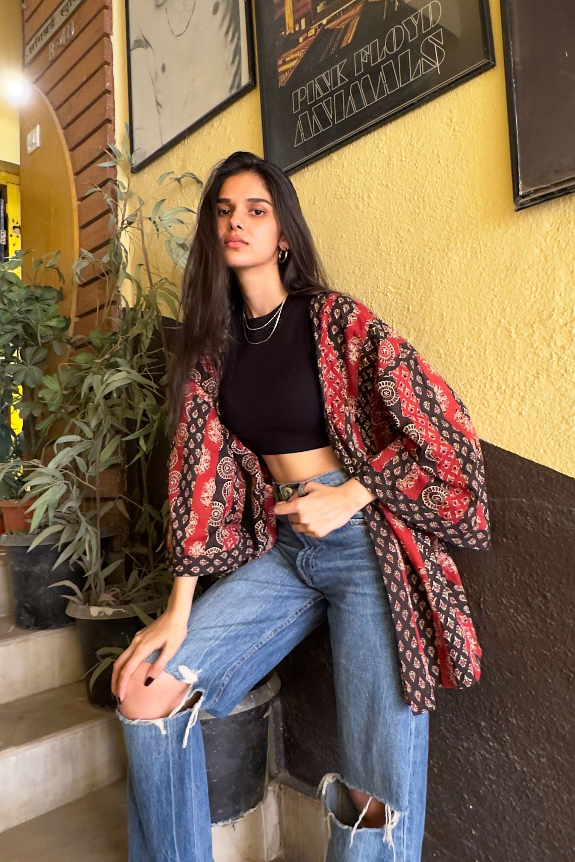 Free-size Unisex Patchword Ajrak Print Black and Red Shrug AMARAA