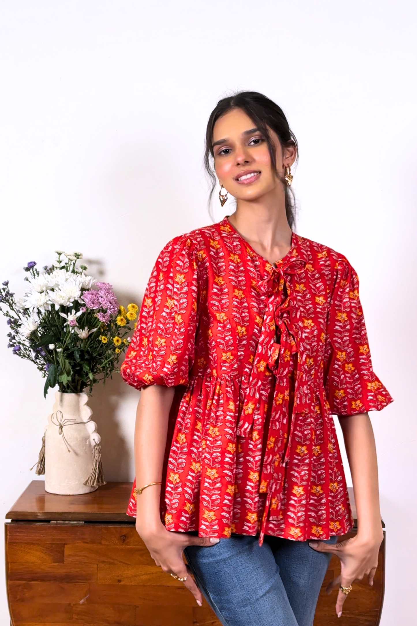 Hand Block Floral Print Red Front Bow Tie Up Top RESORT'24