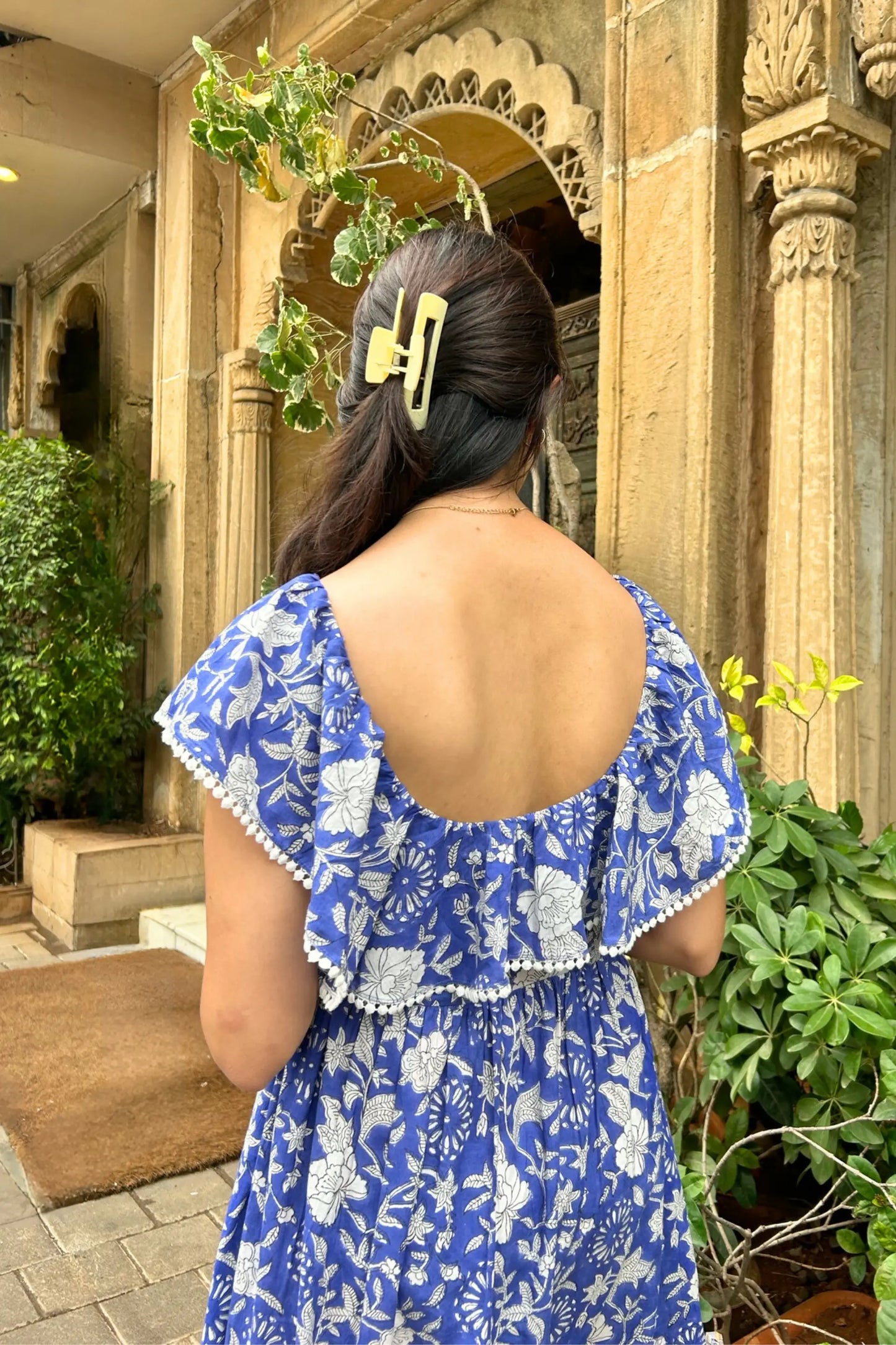 Blue and White Hand Printed Maxi Dress with Pocket AMARAA