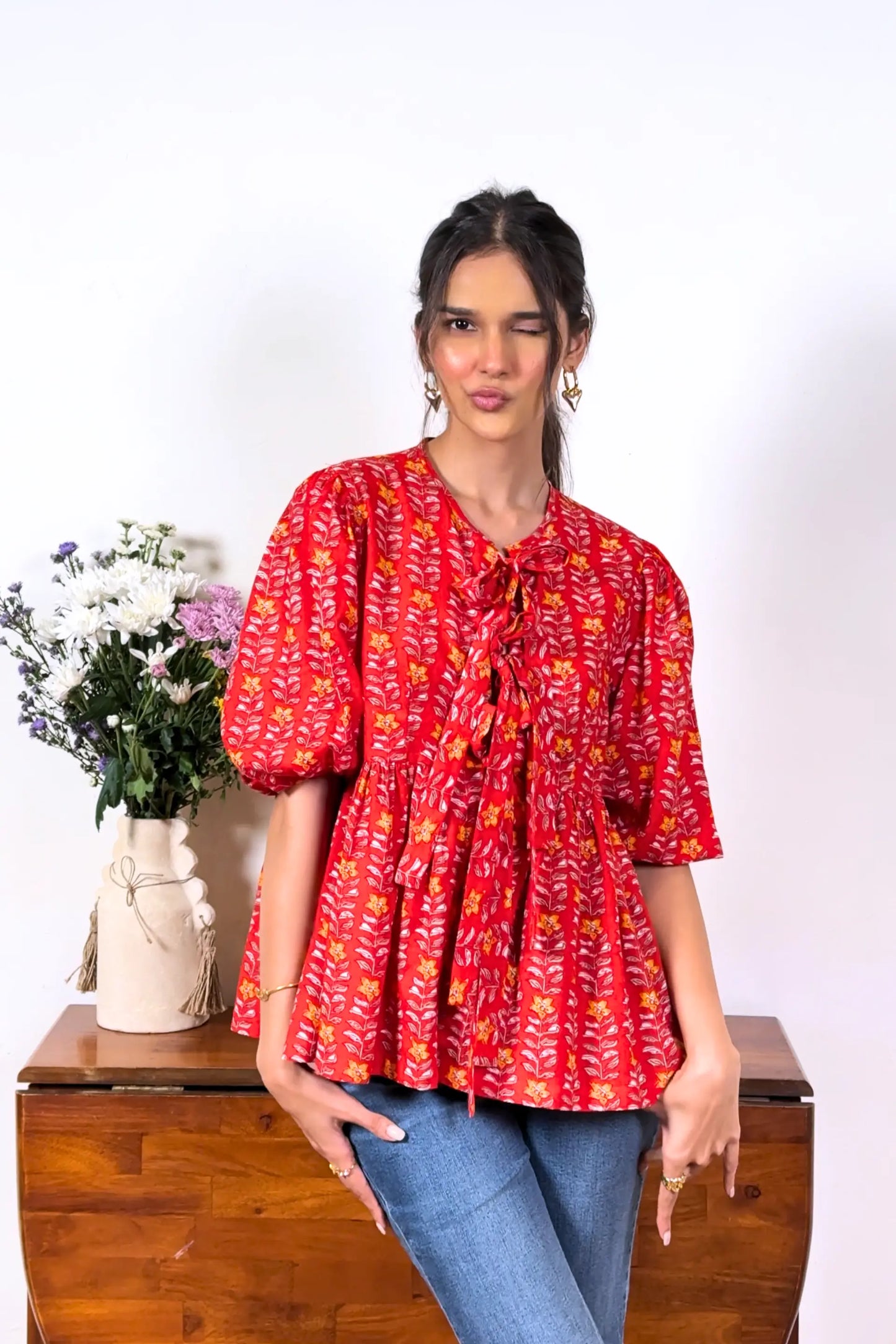 Hand Block Floral Print Red Front Bow Tie Up Top RESORT'24