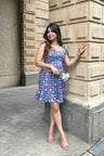 Blue and Pink Floral Hand-printed Corset Short Dress with Pocket AMARAA