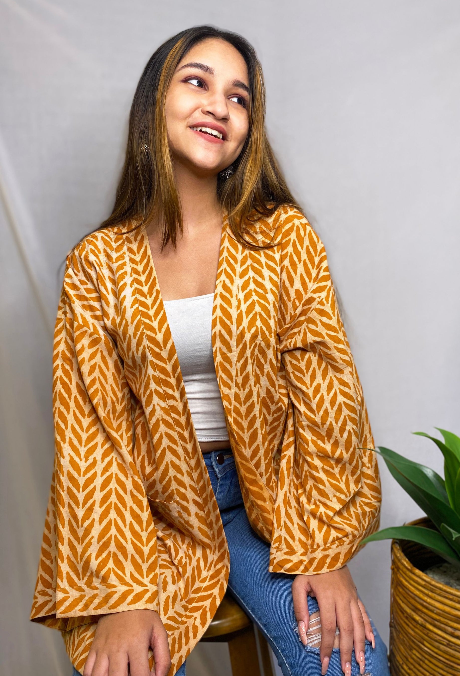 Mustard Pure Cotton Free Size Hand-Printed Shrug