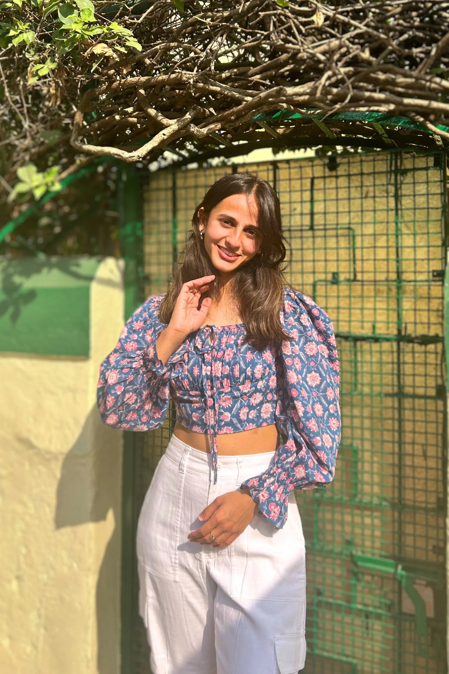 Pure Cotton Top in Blue & Pink Floral Print Full Sleeves Top AMARAA