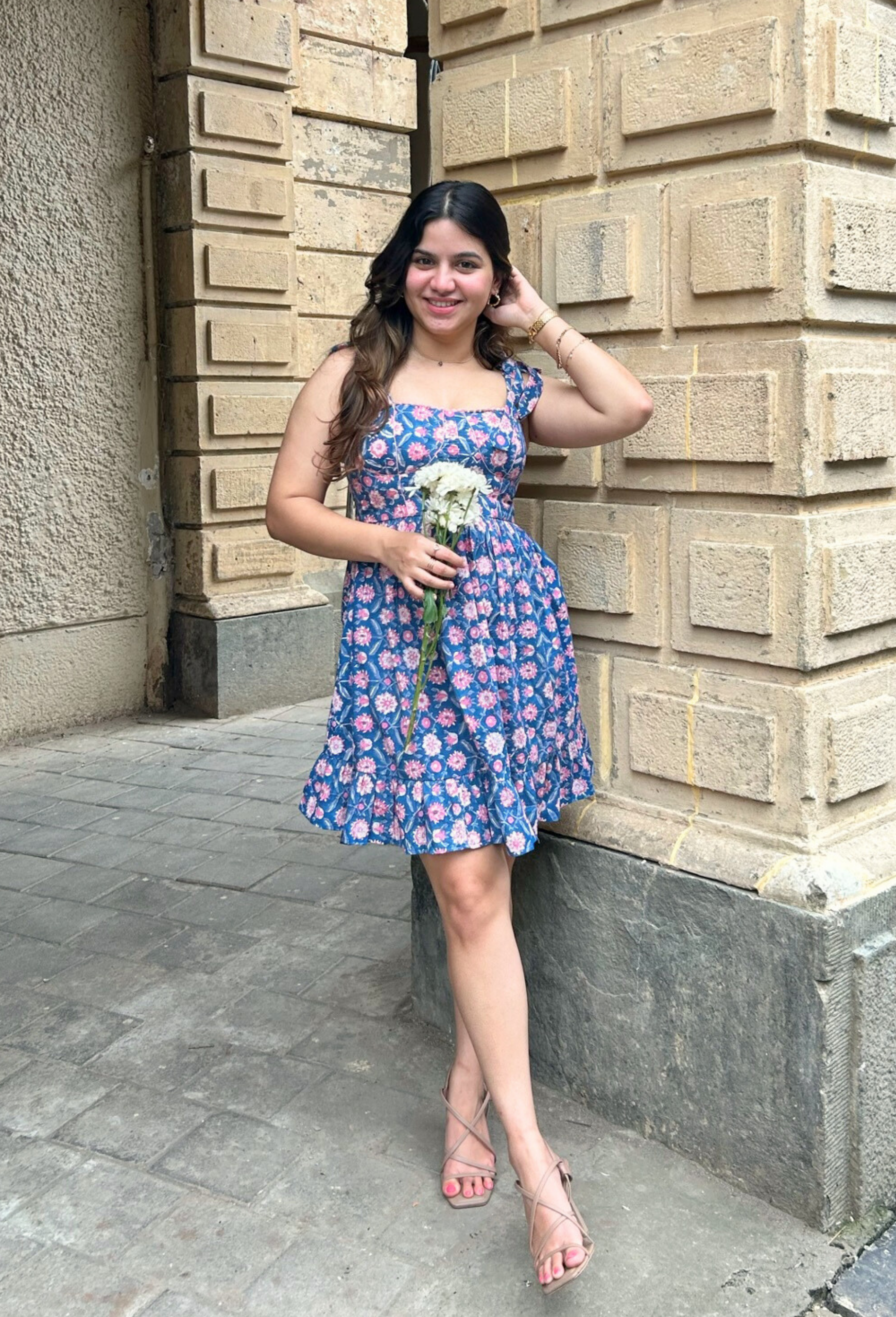 Blue and Pink Floral Hand-printed Corset Short Dress with Pocket