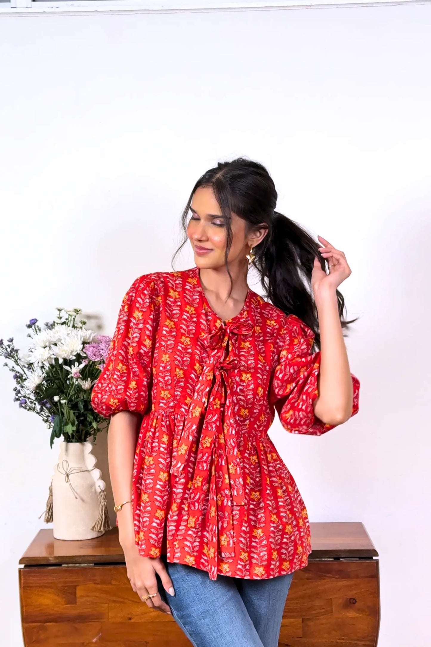 Hand Block Floral Print Red Front Bow Tie Up Top RESORT'24