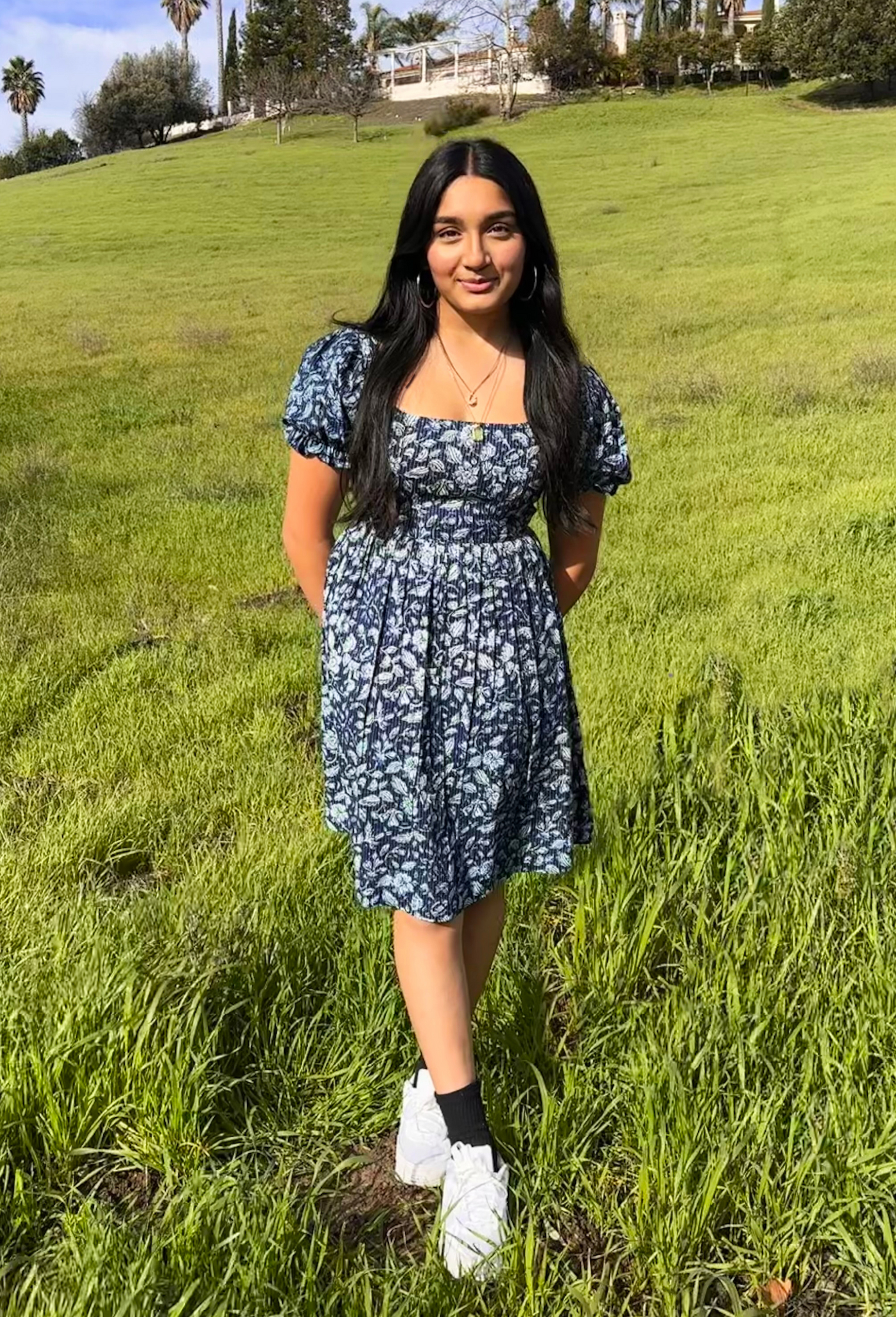 Blue and White Hand-Printed Short Cotton Dress