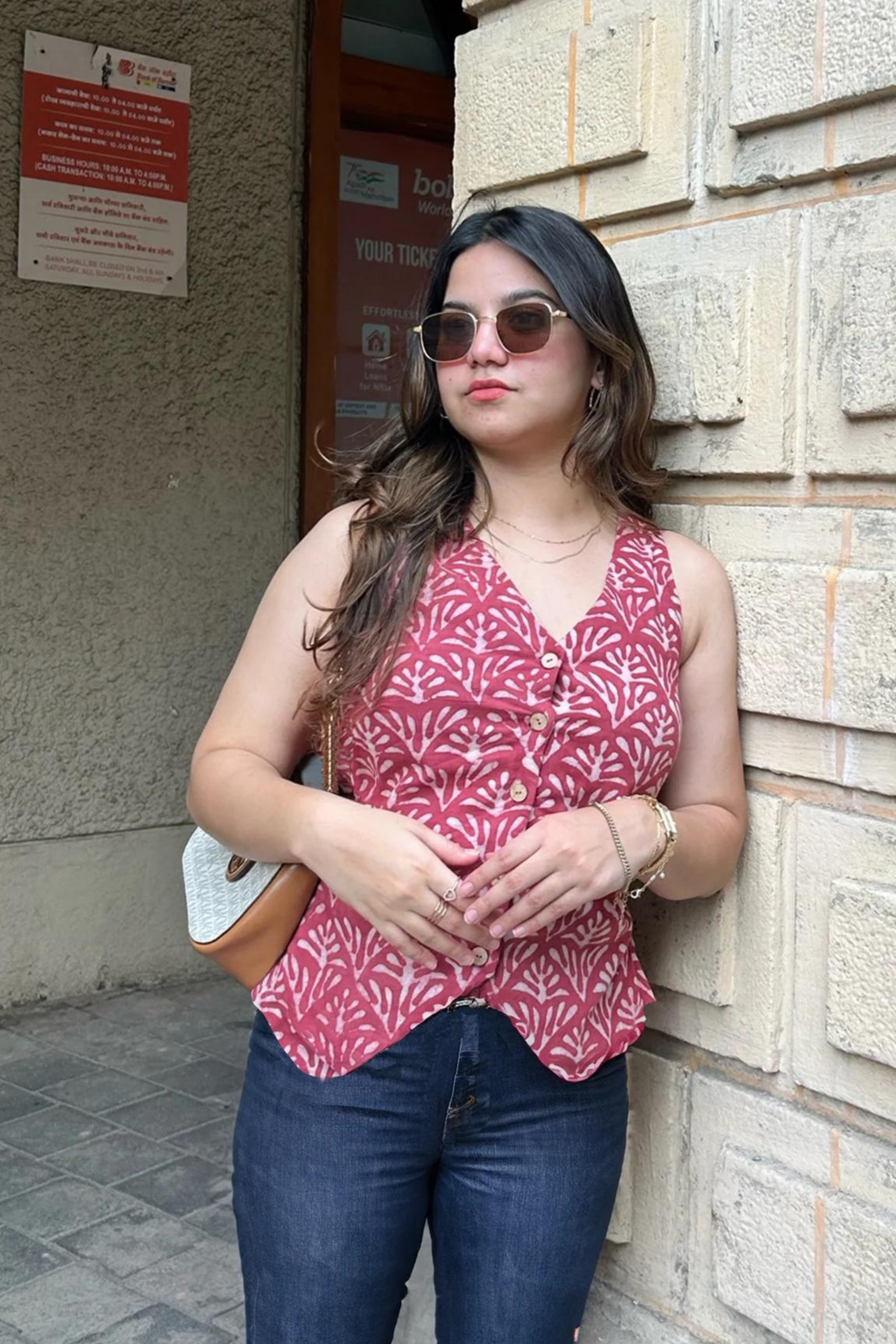 V- Neck Geometric Print Maroon Vest