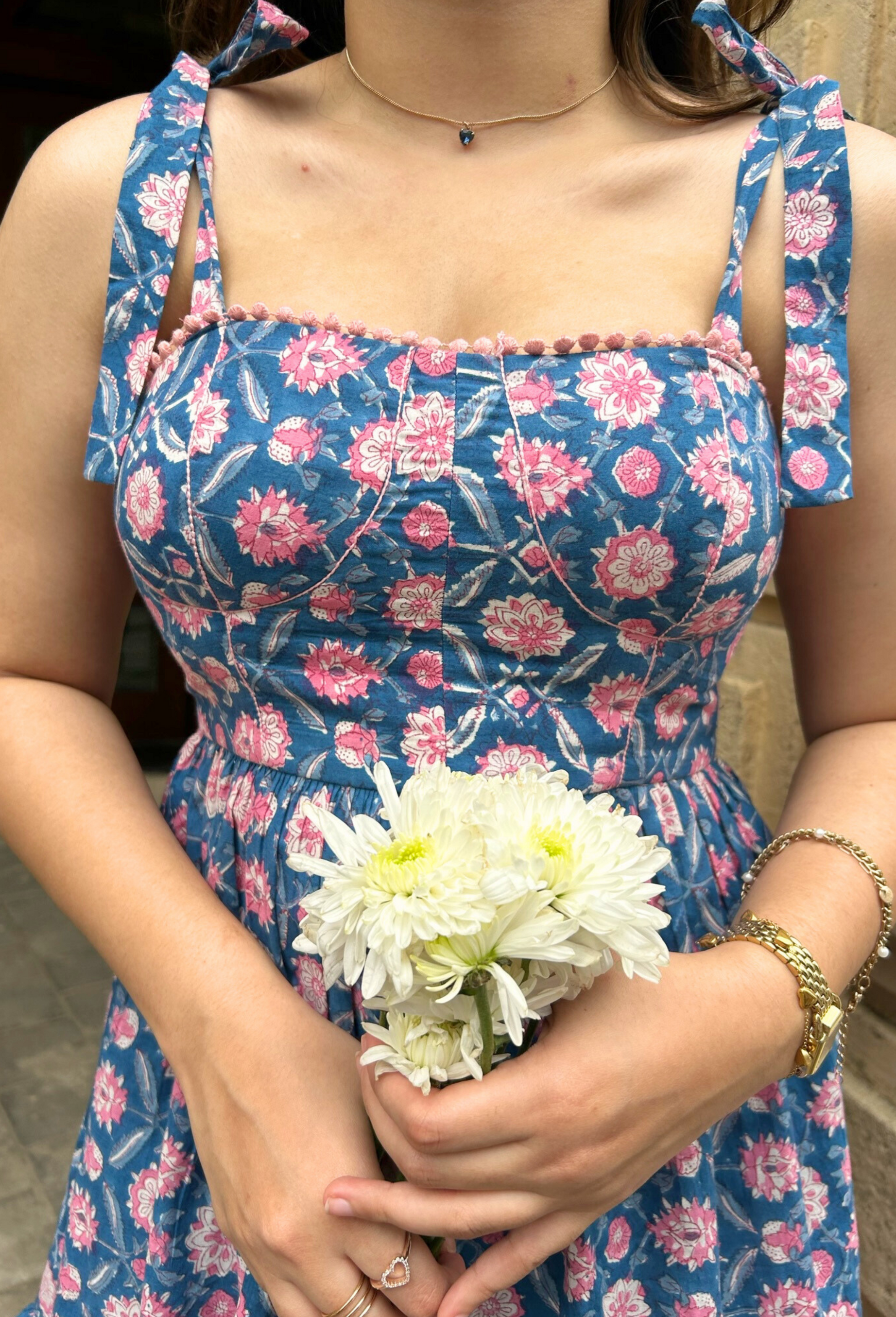 Blue and Pink Floral Hand-printed Corset Short Dress with Pocket