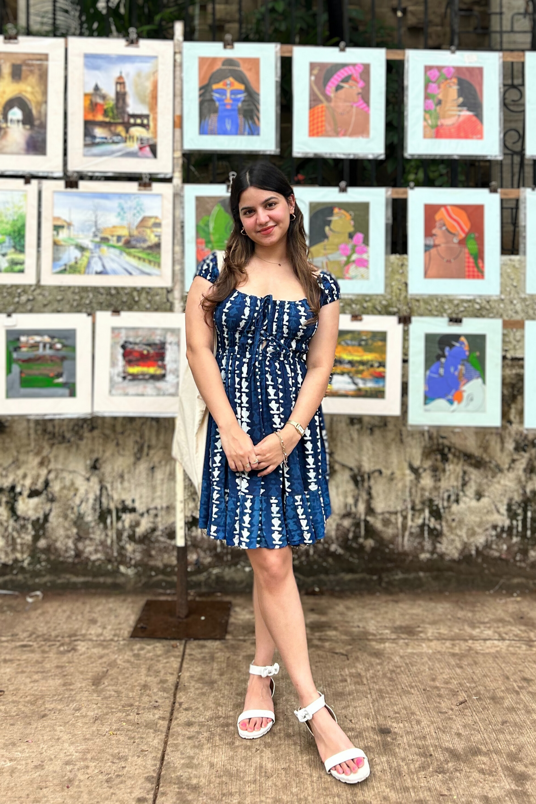 "Moonchild" Indigo Hand-Block Geometric Print Cotton Rayon Dress AMARAA