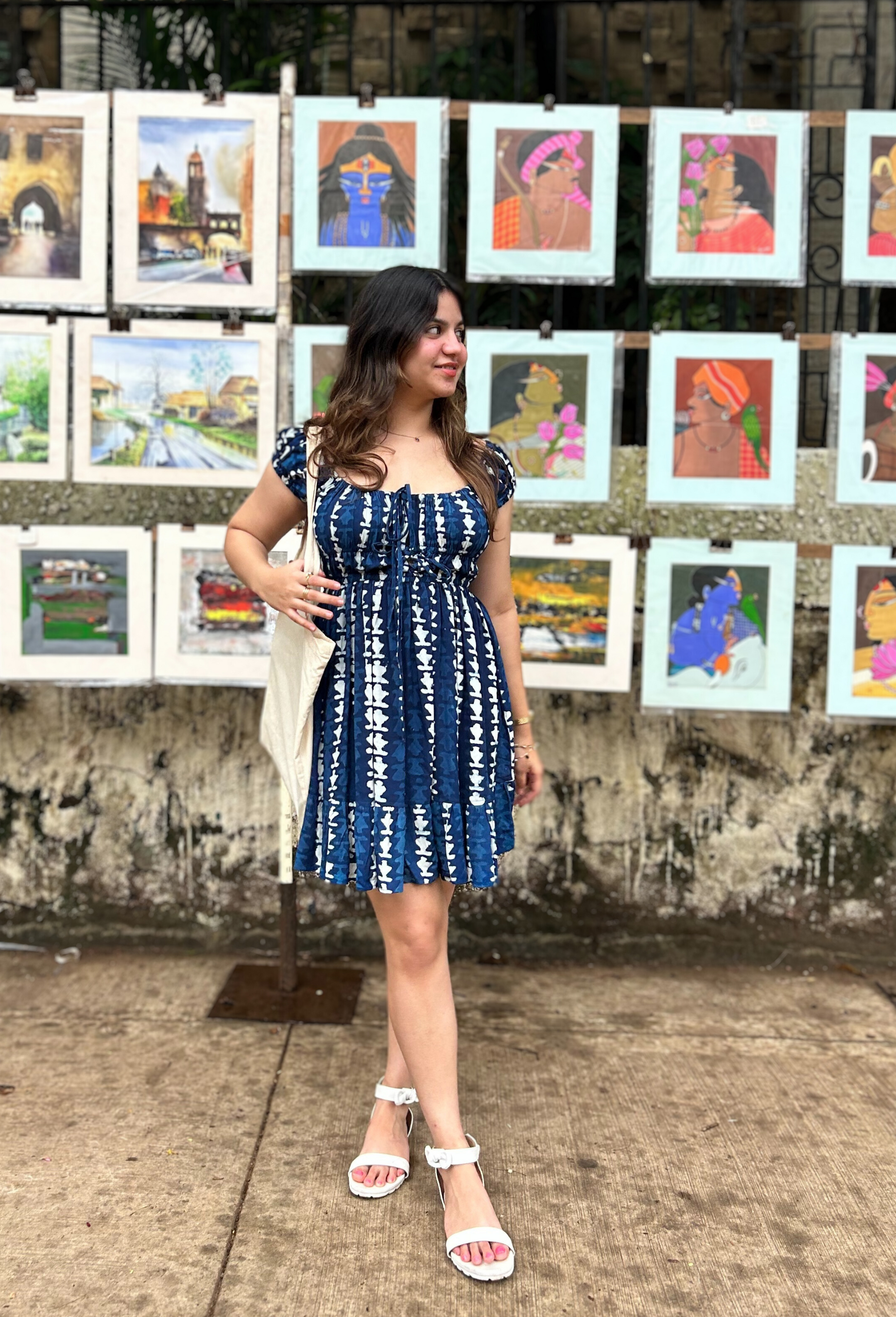 "Moonchild" Indigo Hand-Block Geometric Print Cotton Rayon Dress