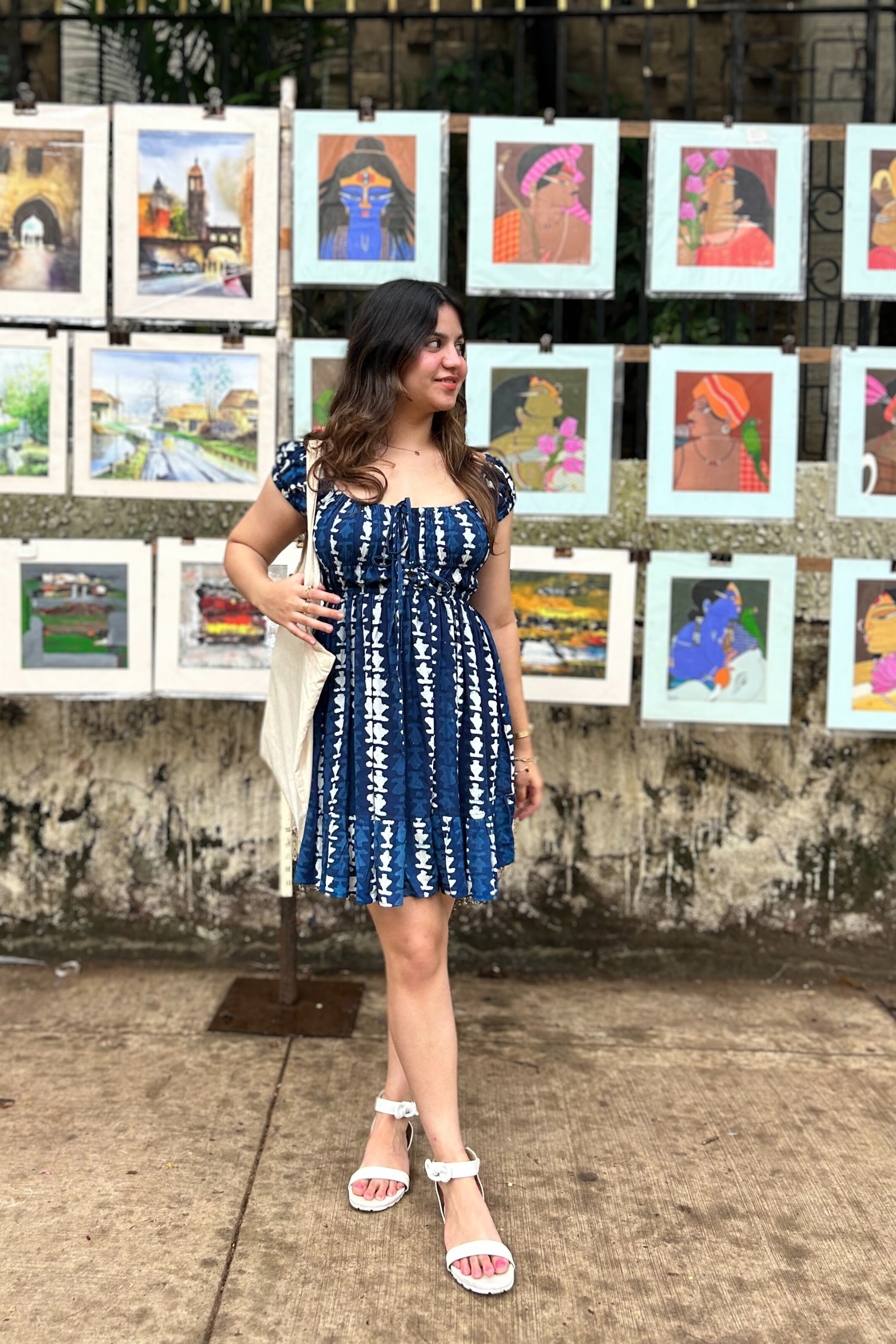 "Moonchild" Indigo Hand-Block Geometric Print Cotton Rayon Dress AMARAA