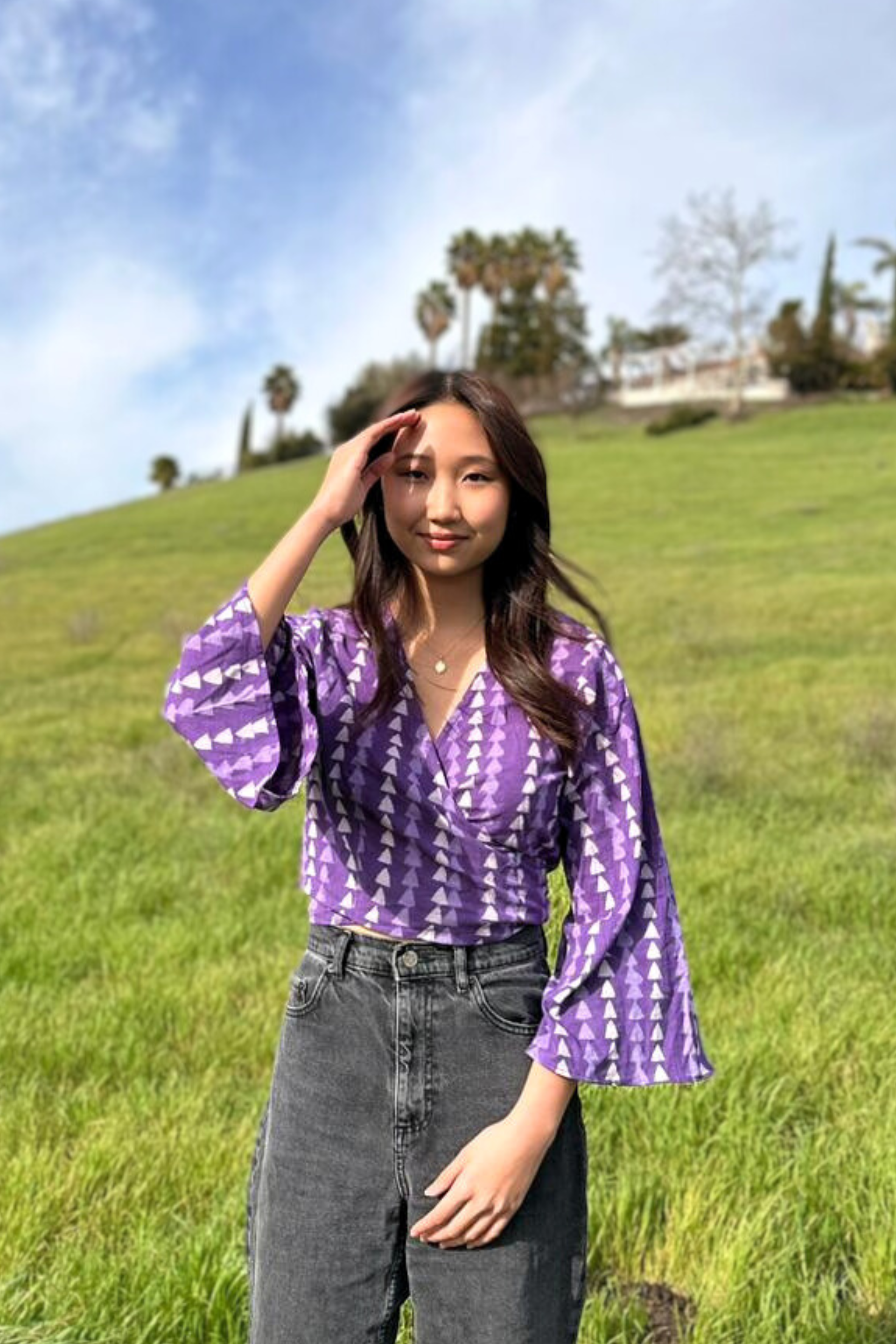 Chic, pure cotton Violet wrap top in beautiful shades of purple-lilac colour with a hand-block Bagru