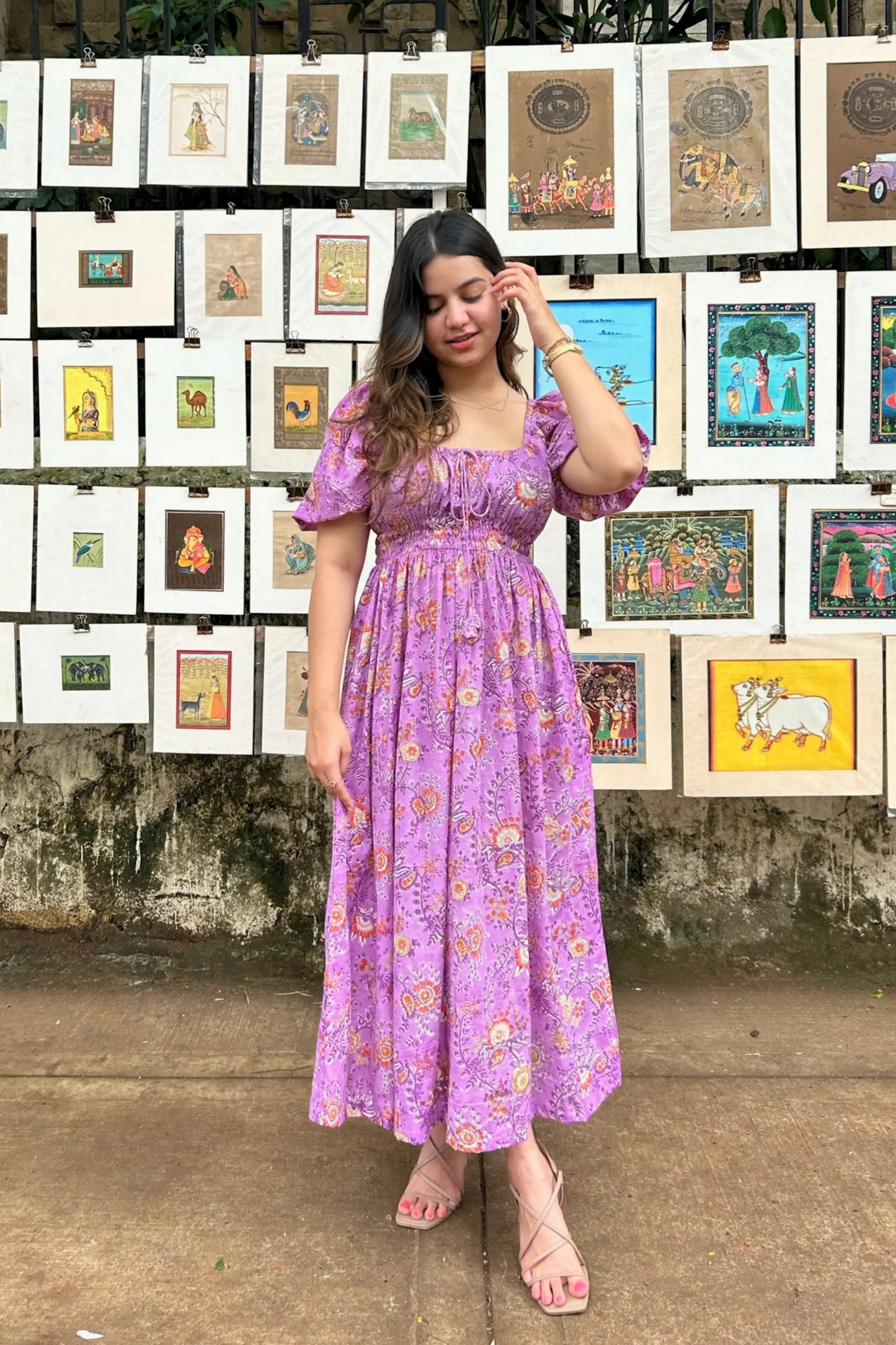 Lilac Floral Puff Sleeve Maxi Cotton Dress with Pocket AMARAA