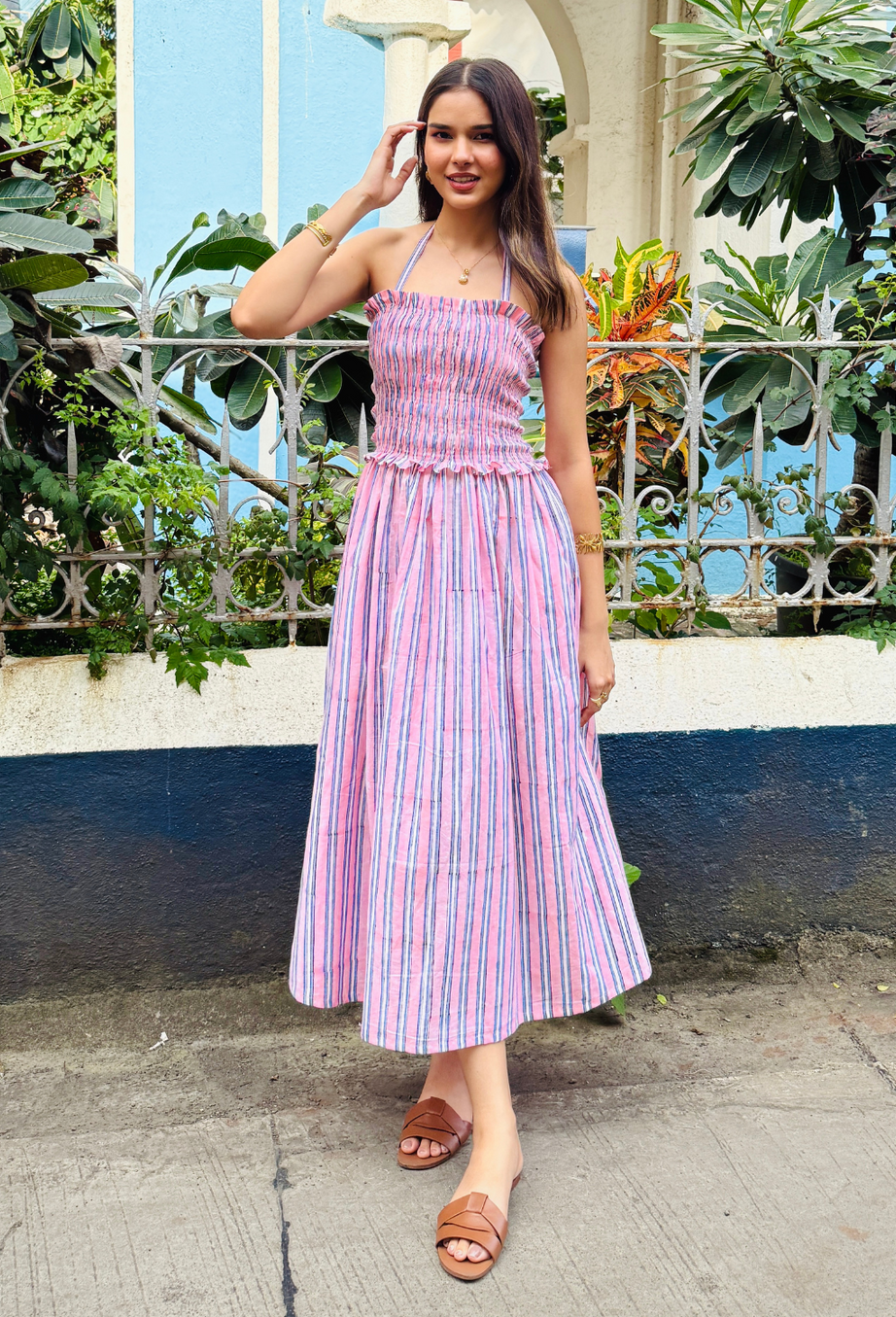 Pink & White Striped Smocking Dress