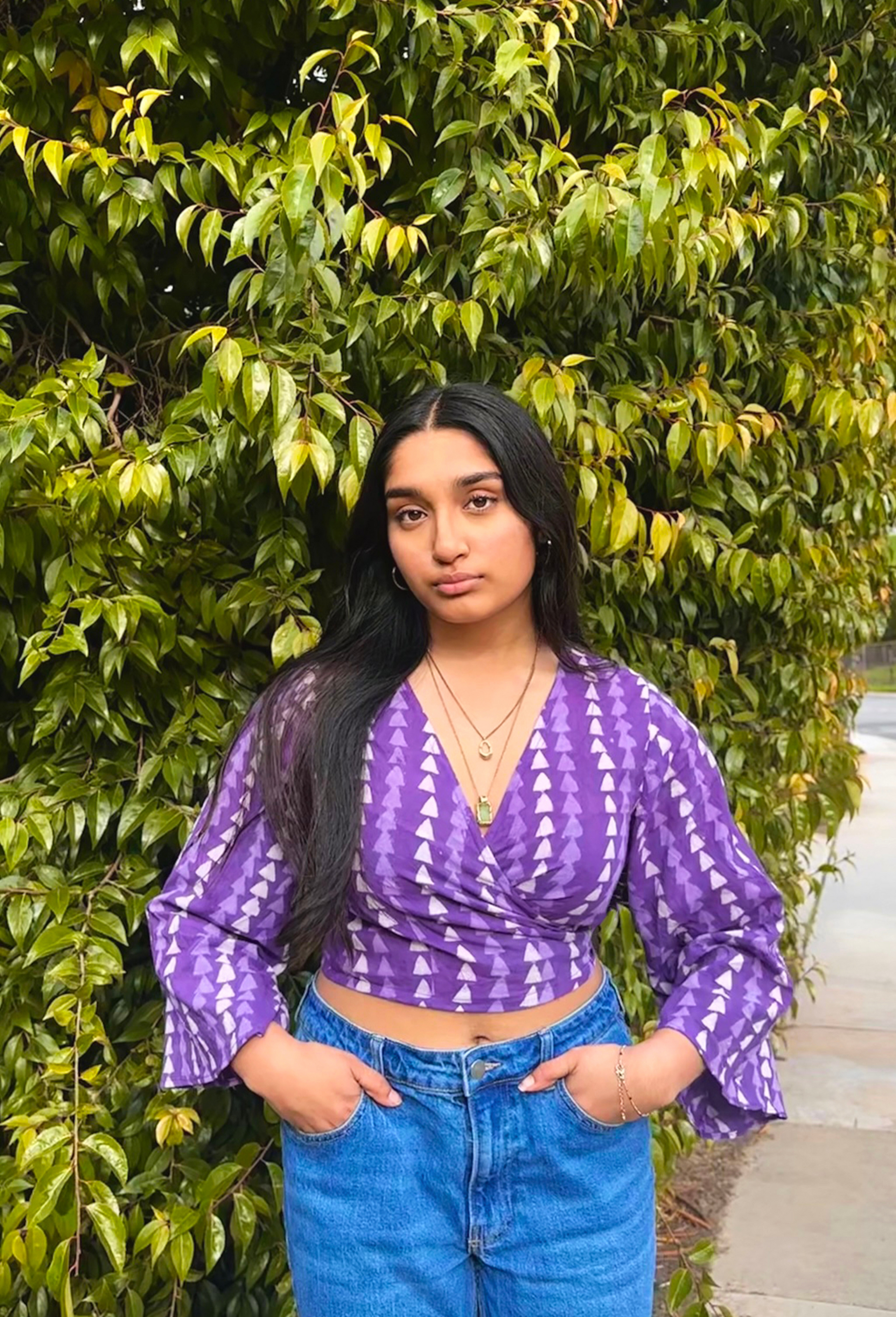 Chic, pure cotton Violet wrap top in beautiful shades of purple-lilac colour with a hand-block Bagru