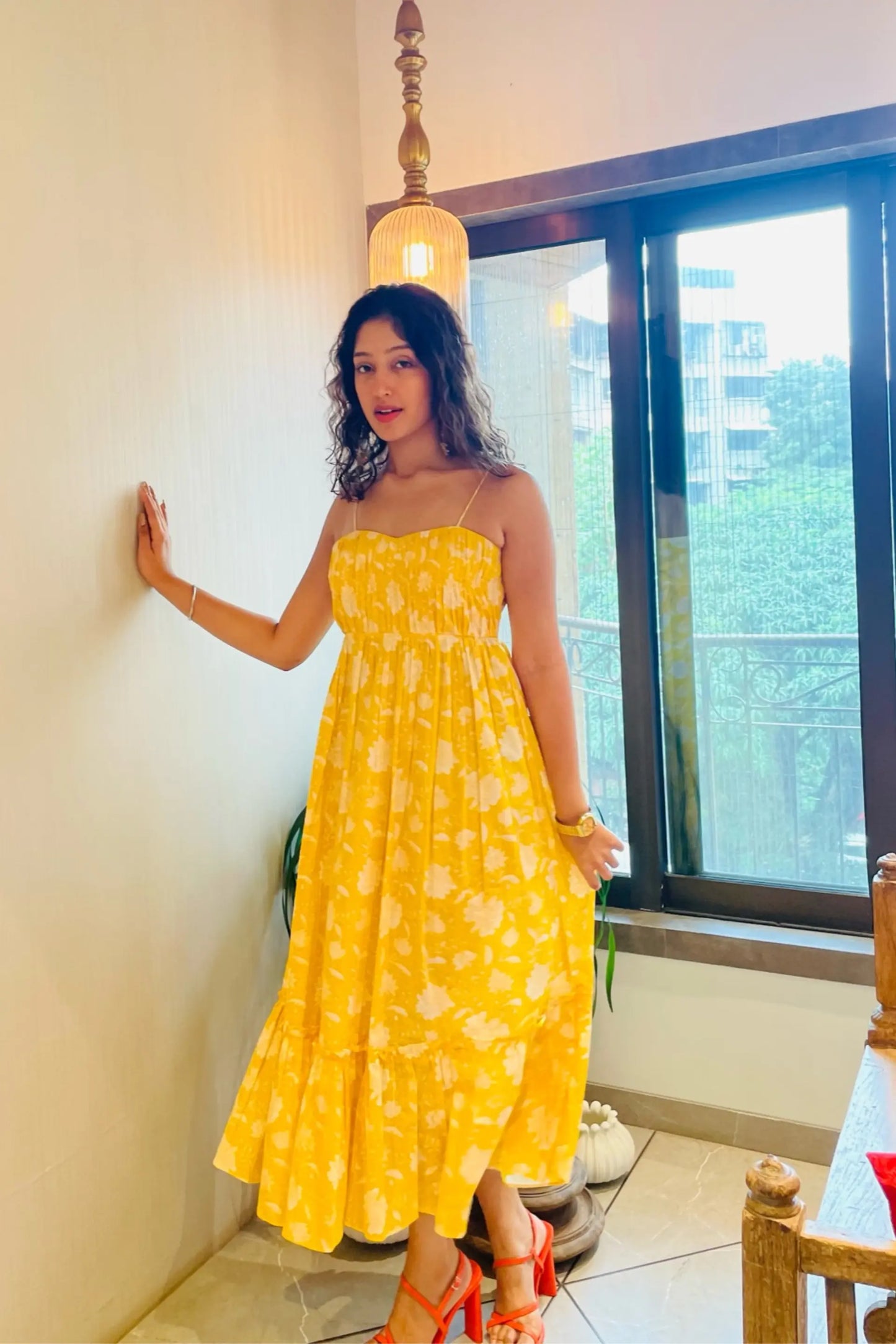 Yellow Floral Print Maxi Sundress In Soft Cotton Hand-printed Fabric with Pocket AMARAA