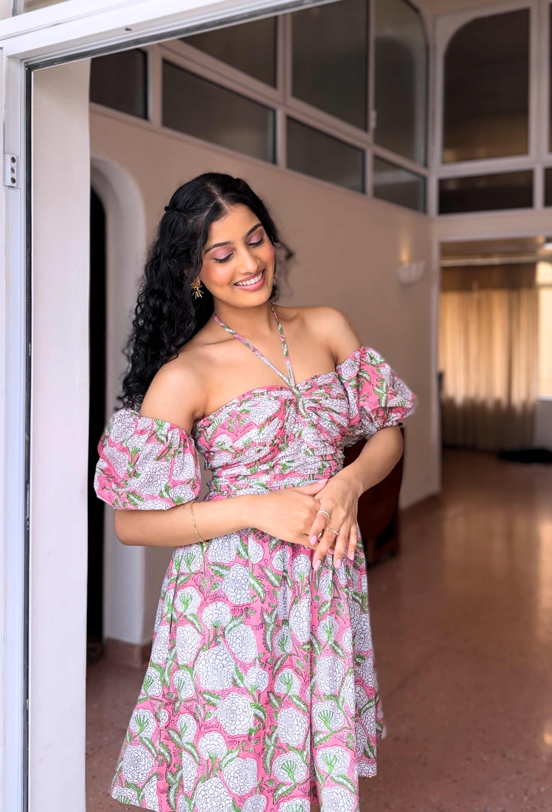 Halter Pink Hand Block Floral Print Dress With Detachable Sleeves