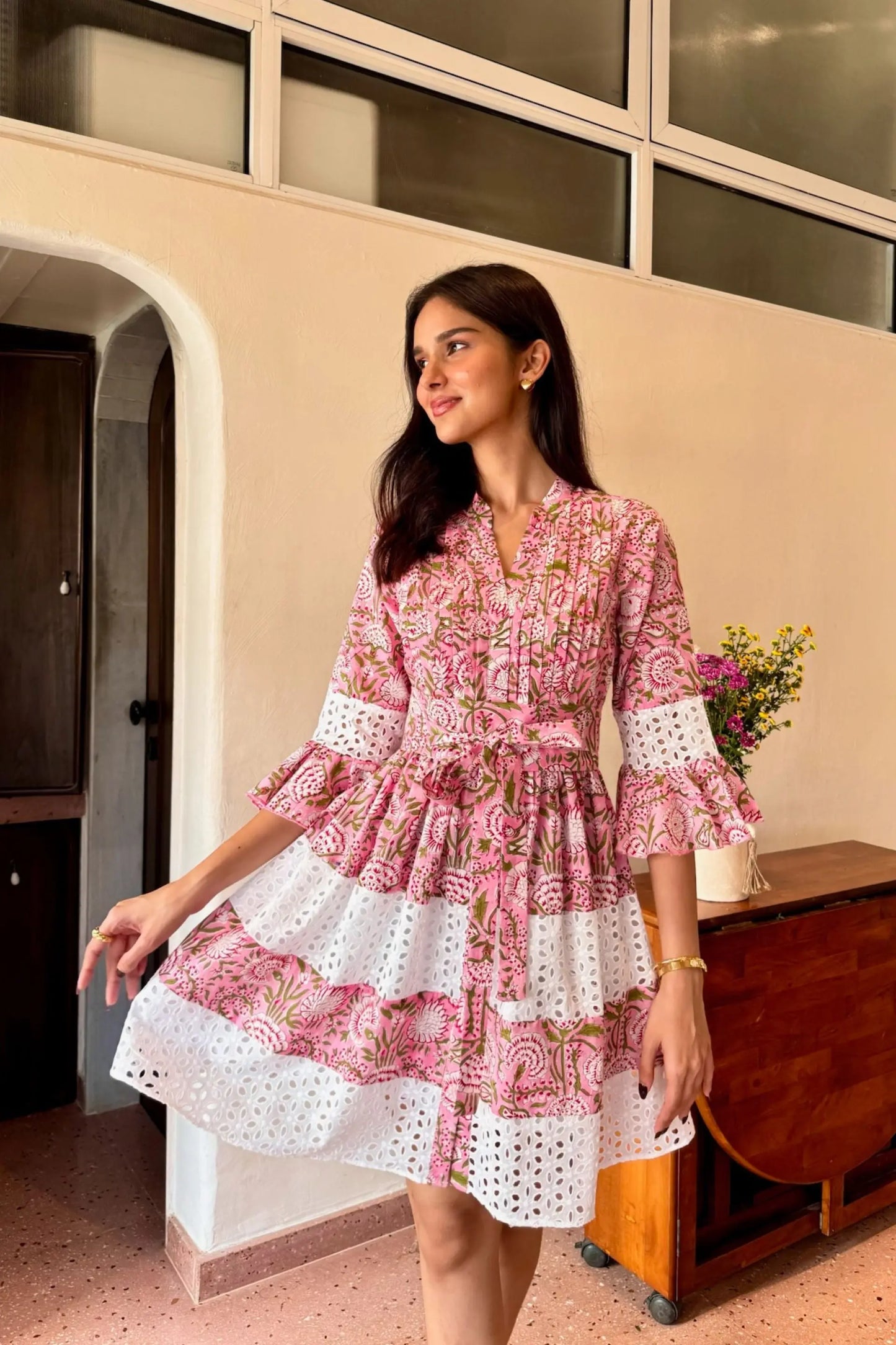 Pink & White Floral Printed Shiffli Cotton Short Dress LF-Collection