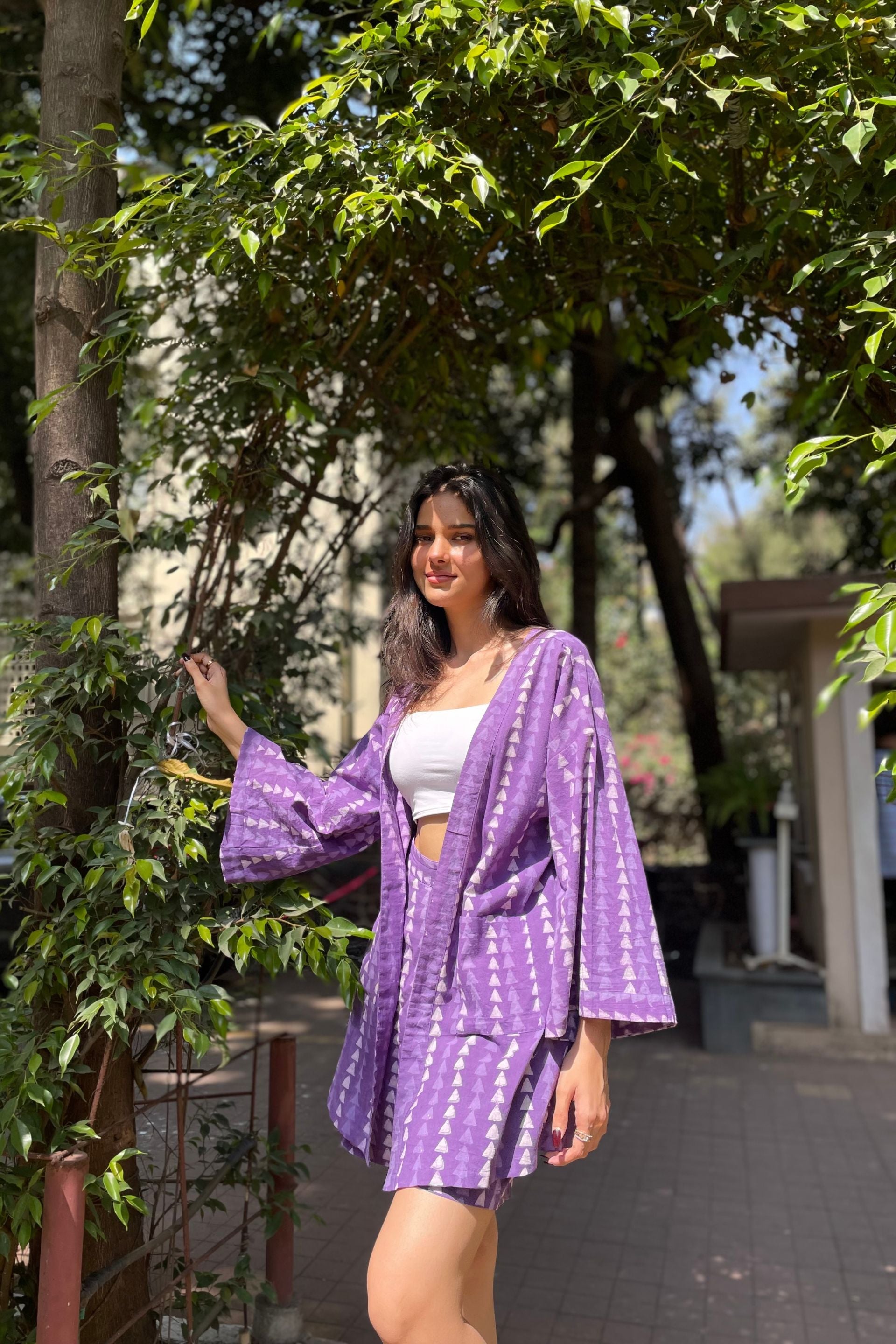 Pure Cotton Purple Shrug And Shorts Set
