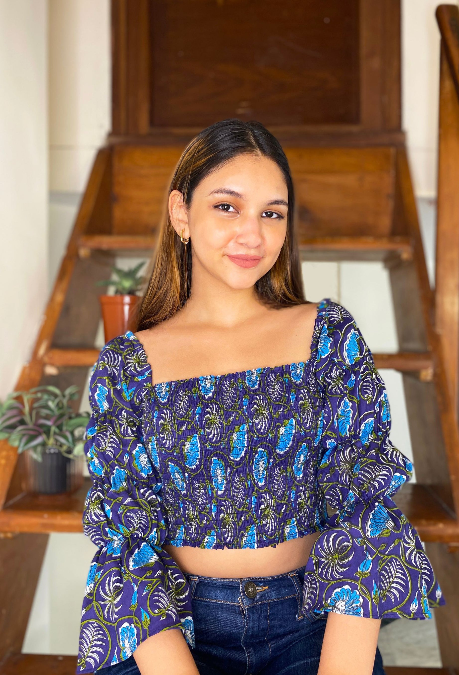 Smocked top from in a Blue Floral Print Crafted from Cotton