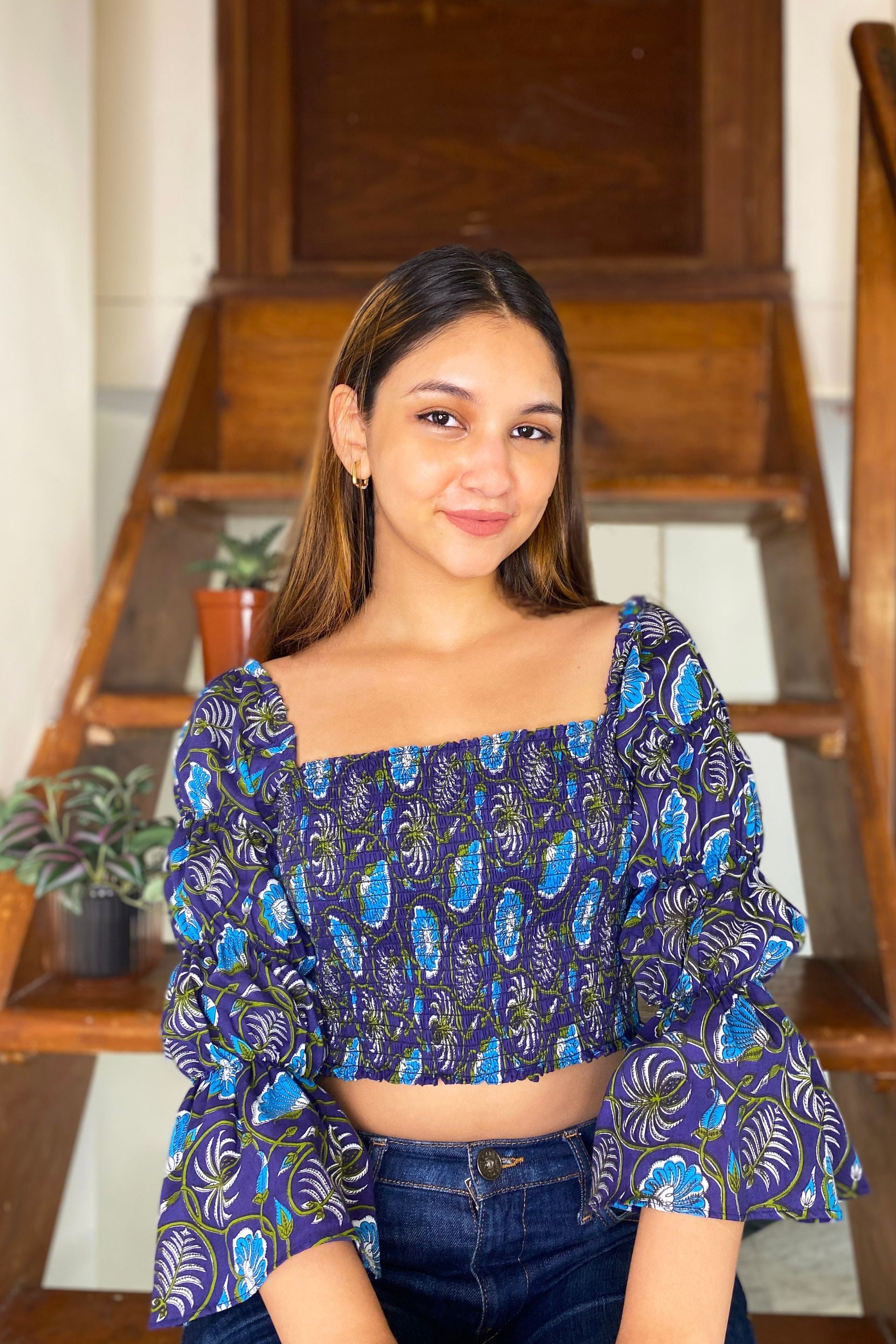 Smocked top from in a Blue Floral Print Crafted from Cotton