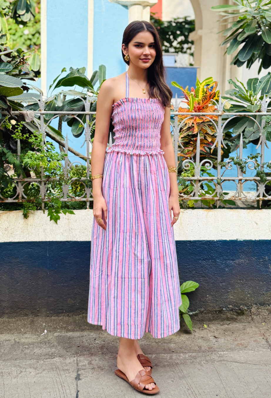 Pink & White Striped Smocking Dress