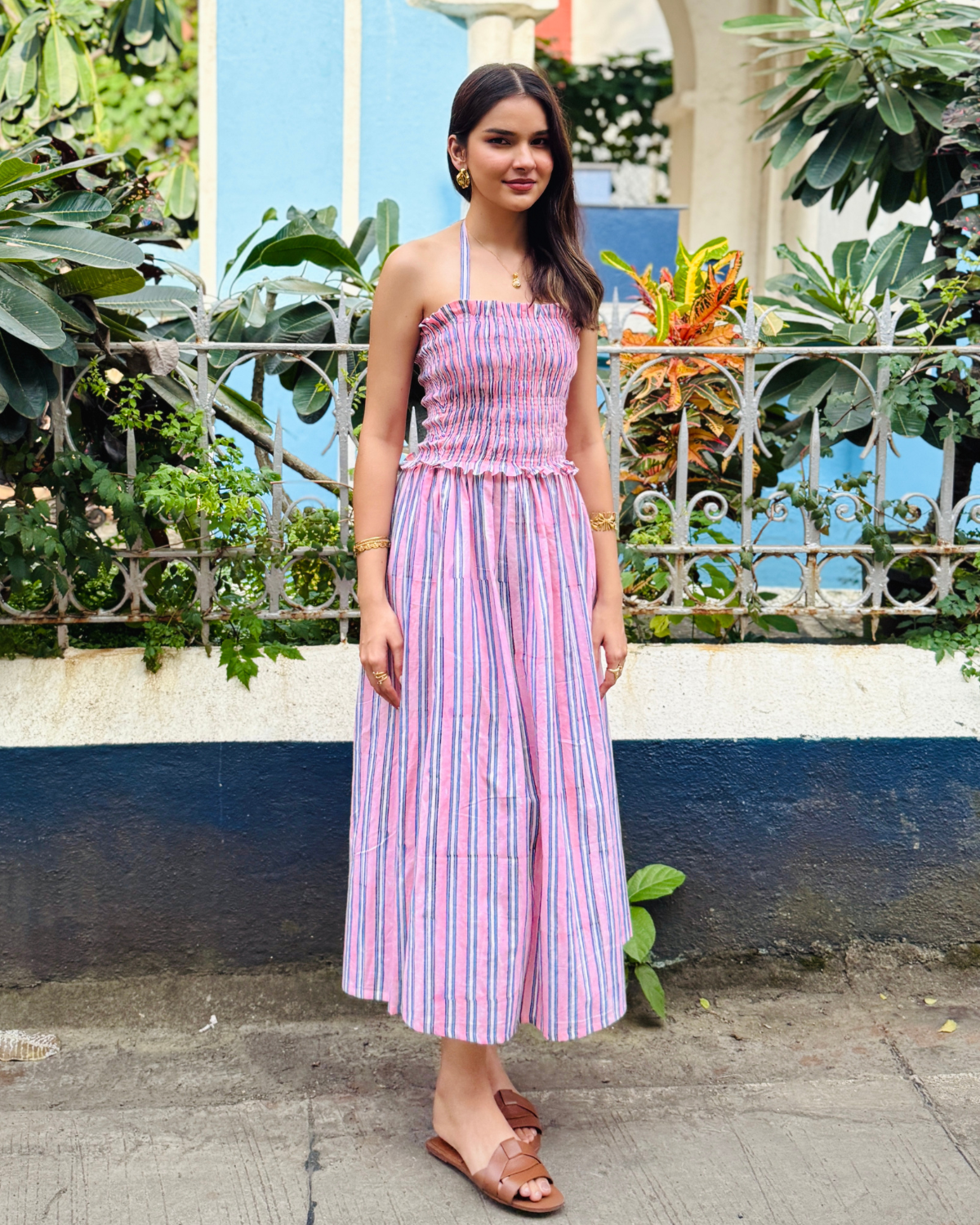 Pink & White Striped Smocking Dress