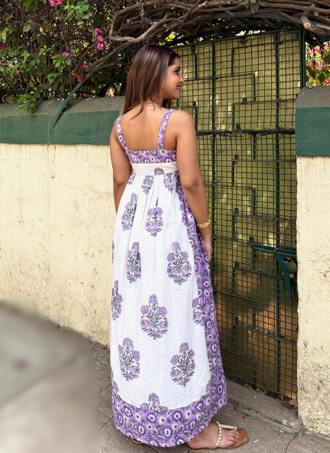 Purple & White Dual Print Block Printed Cotton Maxi Dress with Side Zipper
