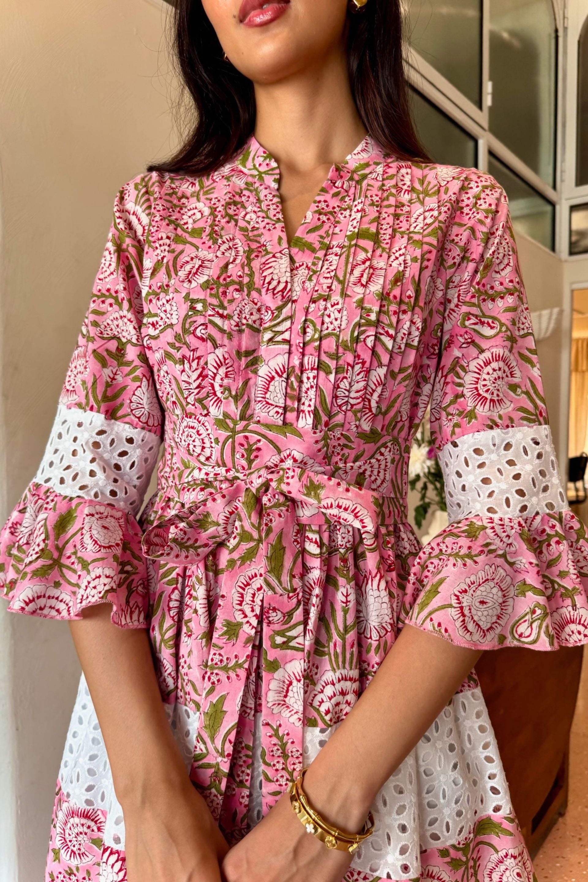 Pink & White Floral Printed Shiffli Cotton Dress