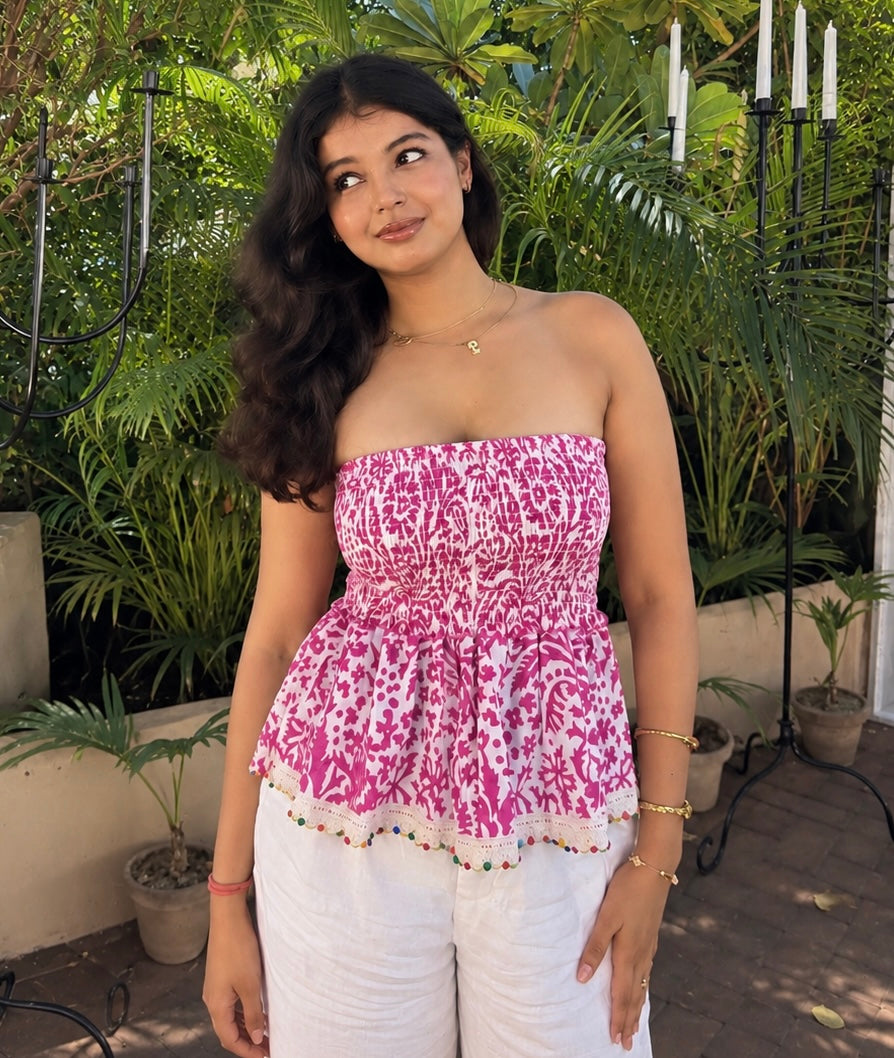 Pink And White Smocking Tube Top with Boho Lace