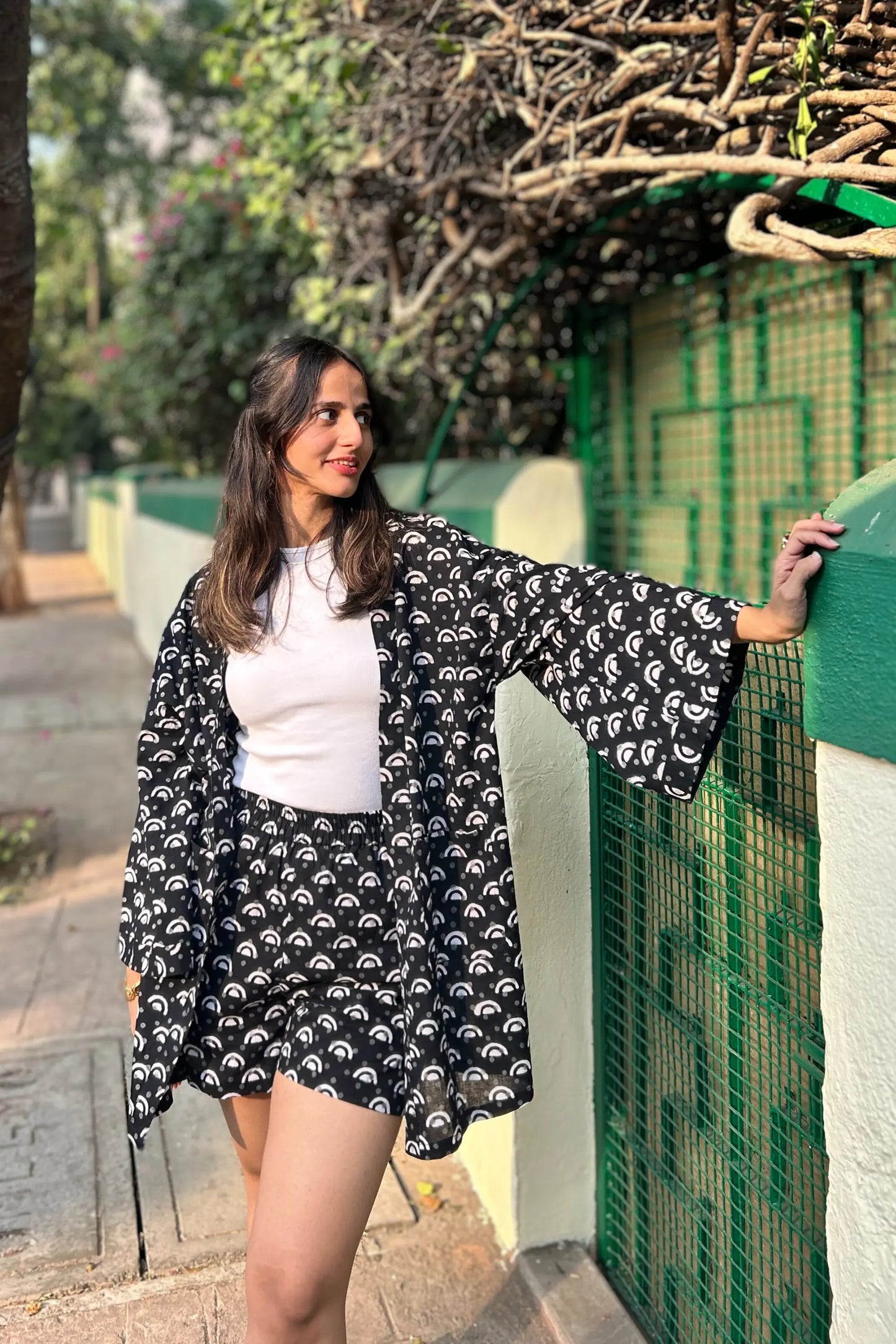 Black and White Cotton Hand-Block Geometric Printed Shrug And Shorts Set AMARAA