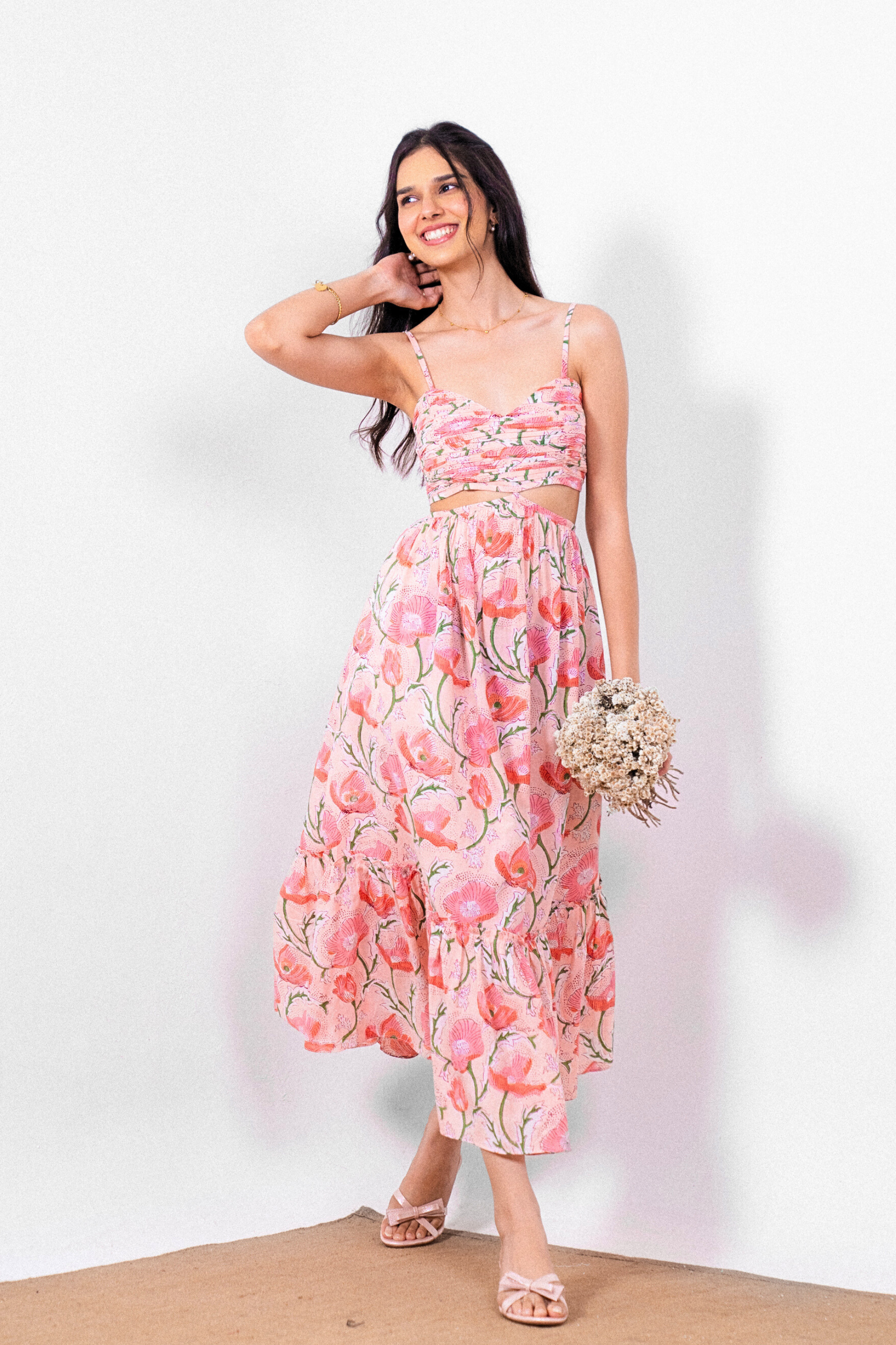 Coral Pink Maxi Dress in Coral Pink Shade With Pocket RESORT'24