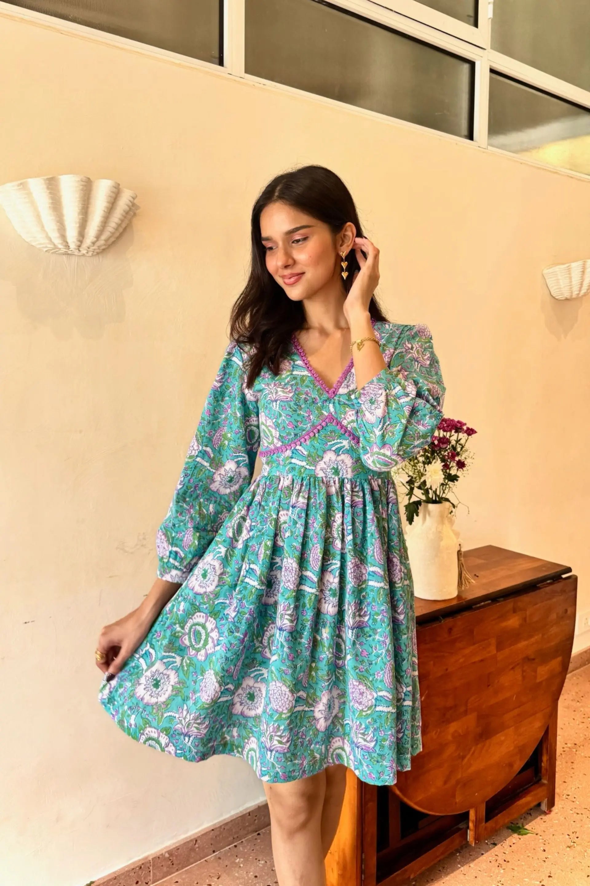 Teal Green & Purple Floral Cotton Short Dress with One Side Pocket and   AMARAA