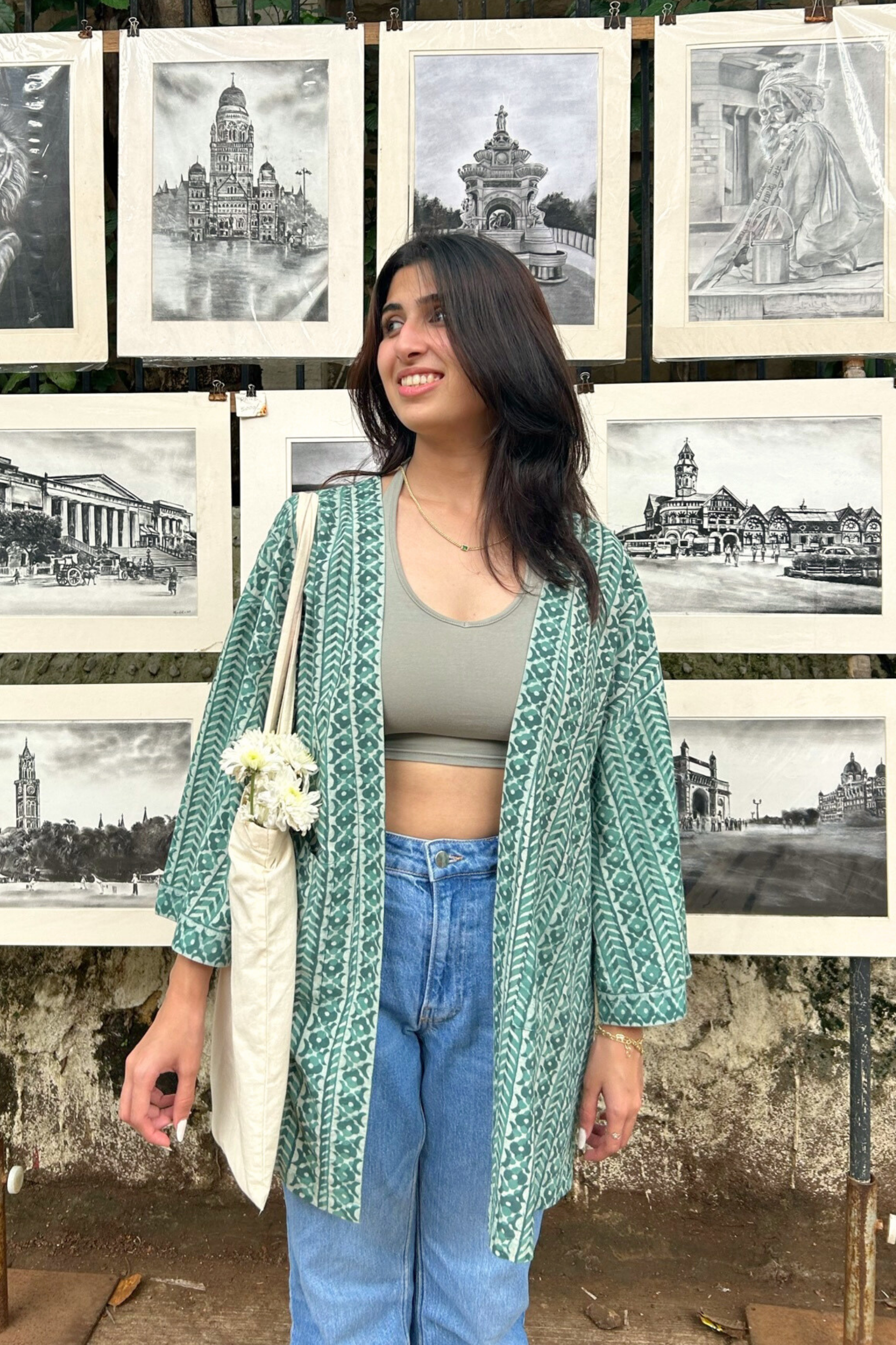 Free-Size Sage Hand-Blocked Cotton Sage Green Shrug - Free Size