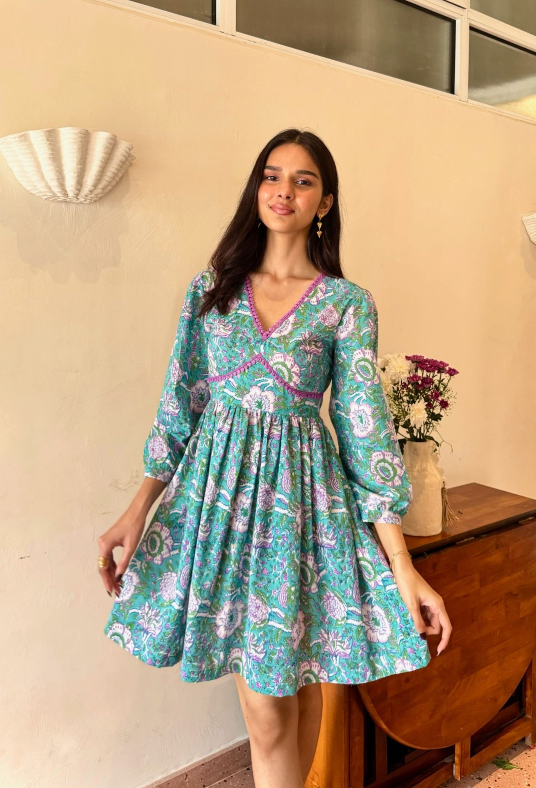 Teal Green & Purple Floral Cotton Dress with One Side Pocket