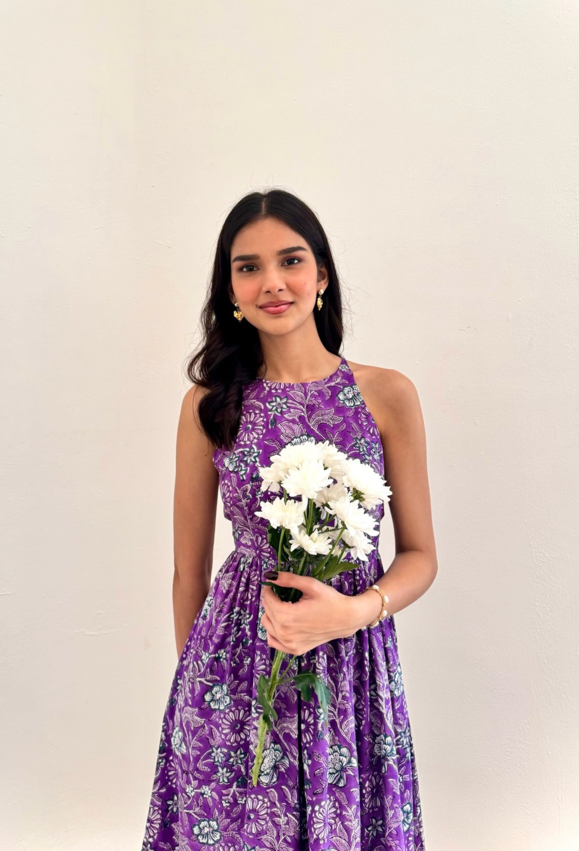 Purple Floral Hand Block Printed Cotton Dress with One Side Pocket