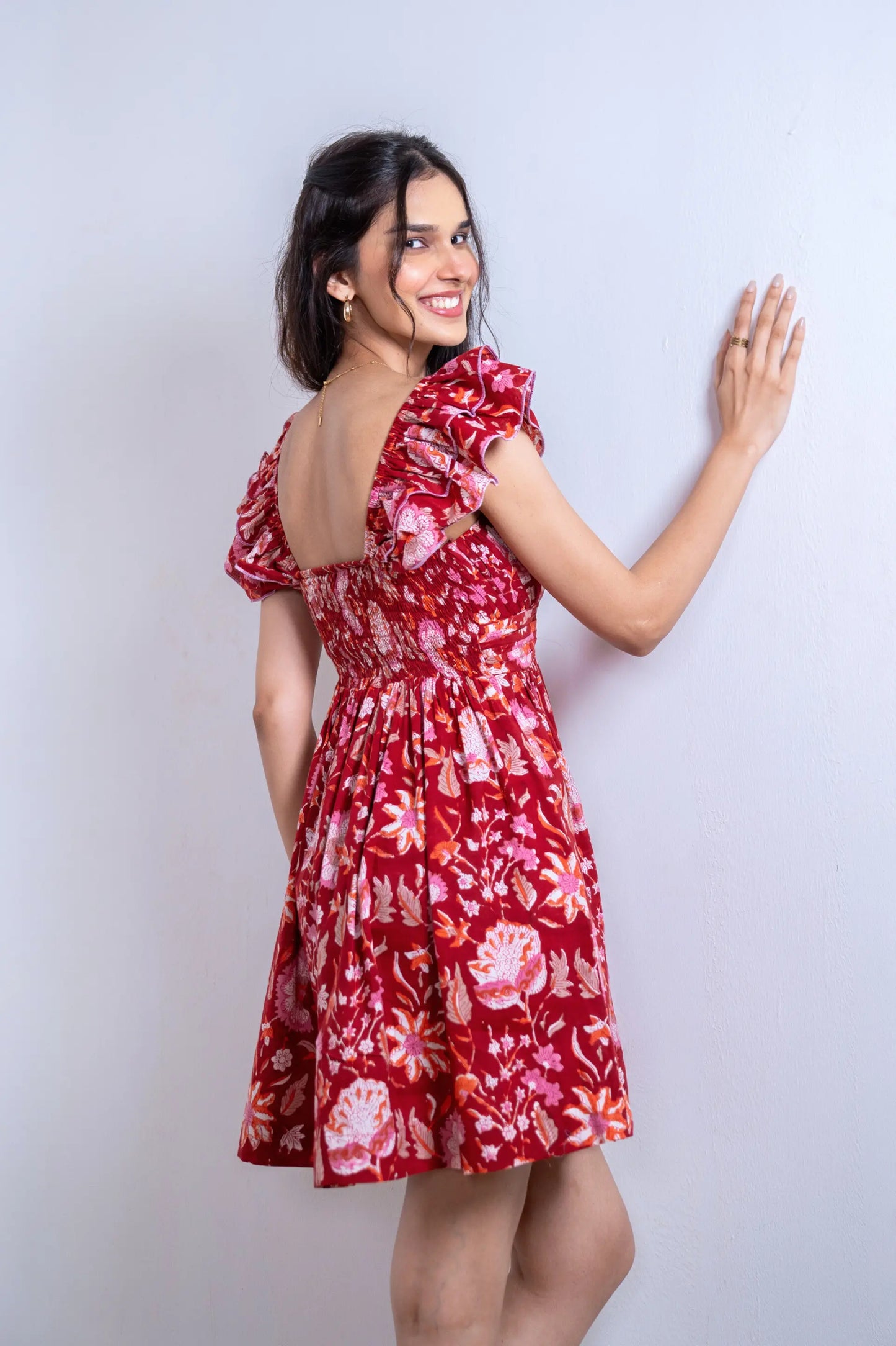 Red Hand Block Floral Printed Cotton Short Dress with Pocket and Back Smocking AMARAA