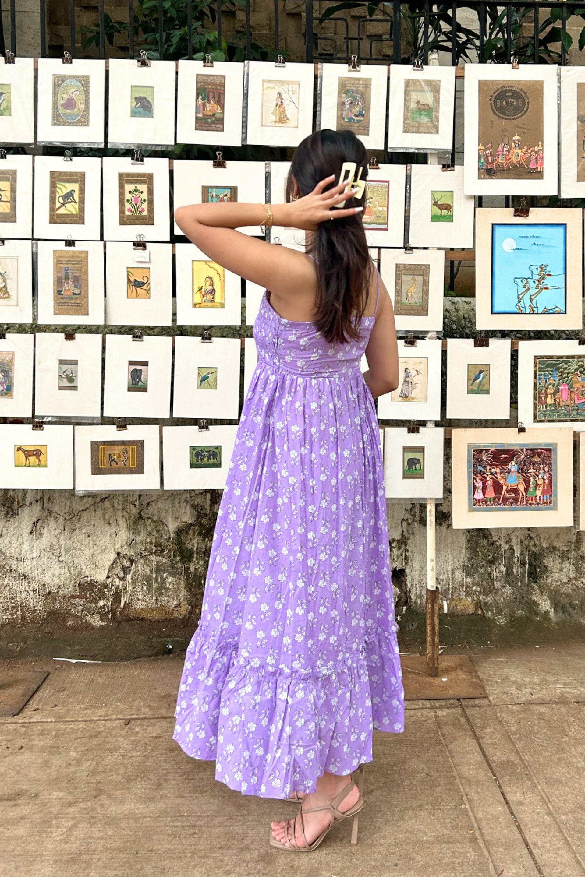 Lilac Pure Cotton Hand-Printed Long Flower Dress with Pocket AMARAA