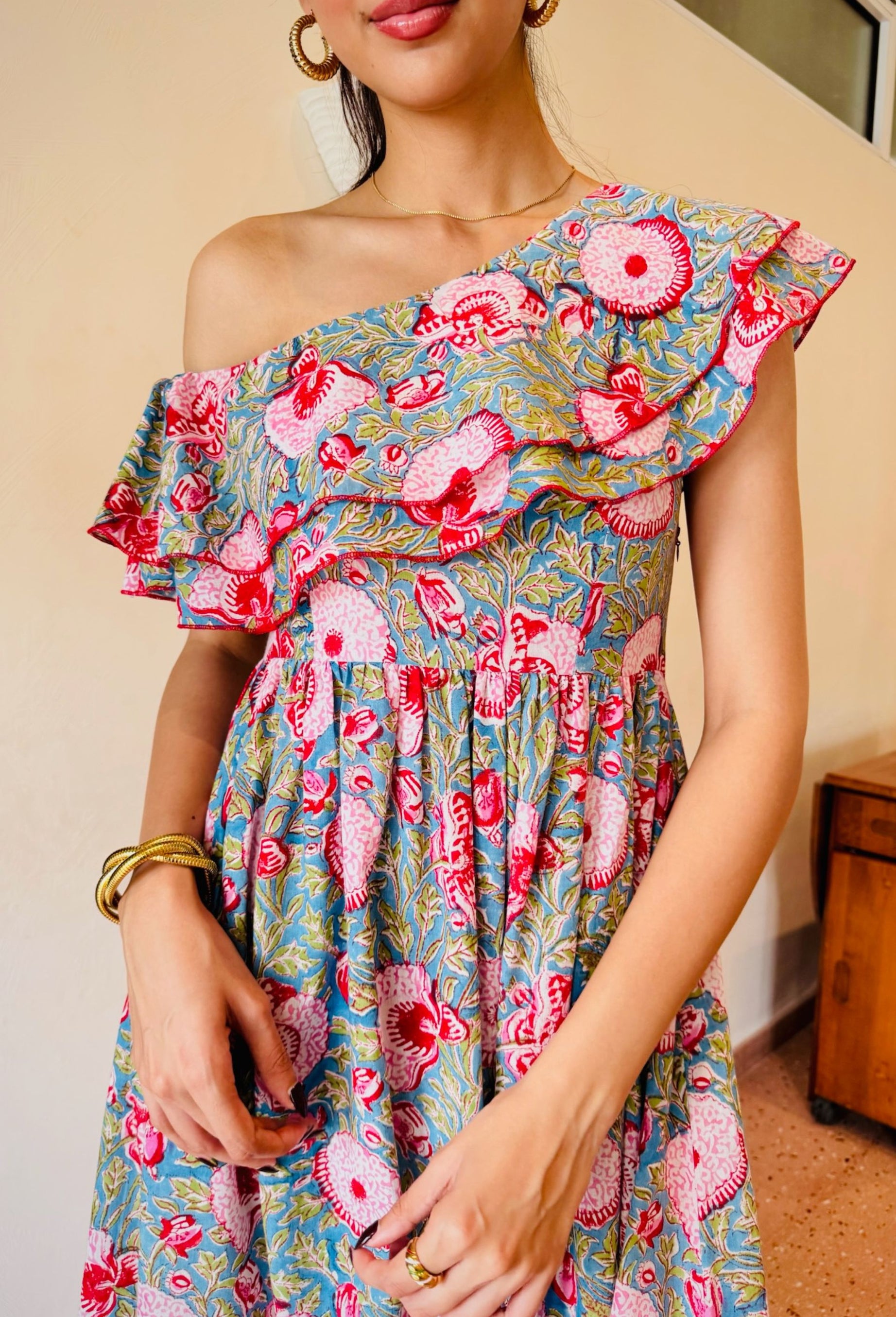 Blue & Red Floral One Side Drop Shoulder Frill Dress with One Side Pocket