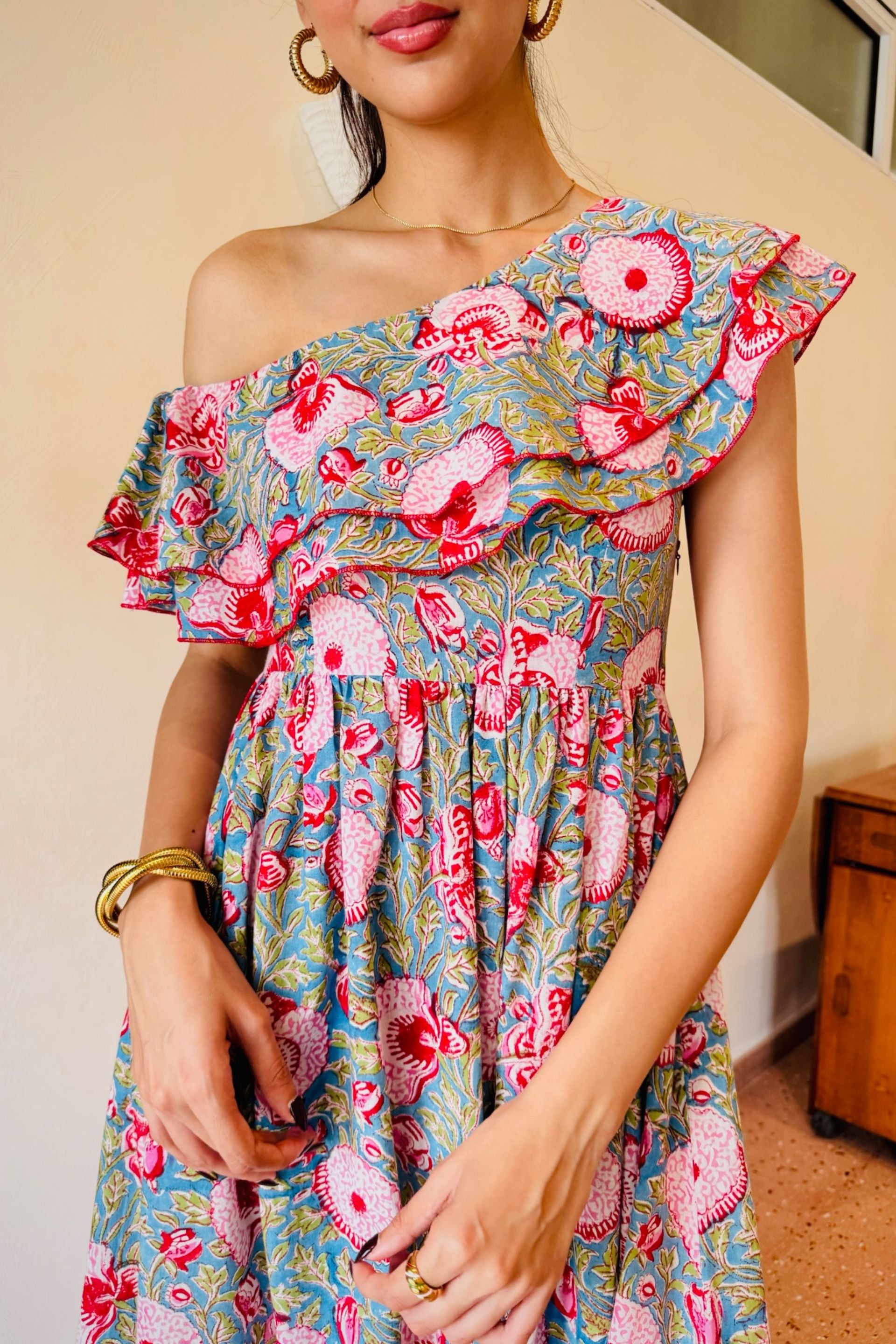 Blue & Red Floral One Side Drop Shoulder Frill Dress with One Side Pocket