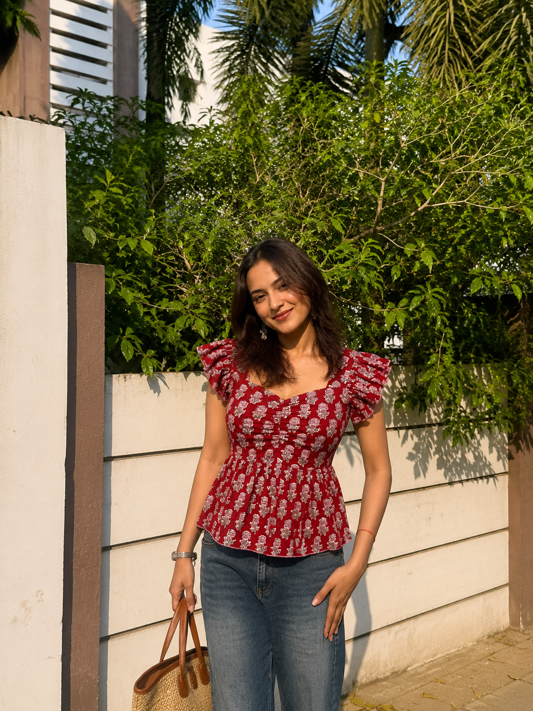 Red Floral Printed Sweetheart Neckline Peplum Top with Back Smocking