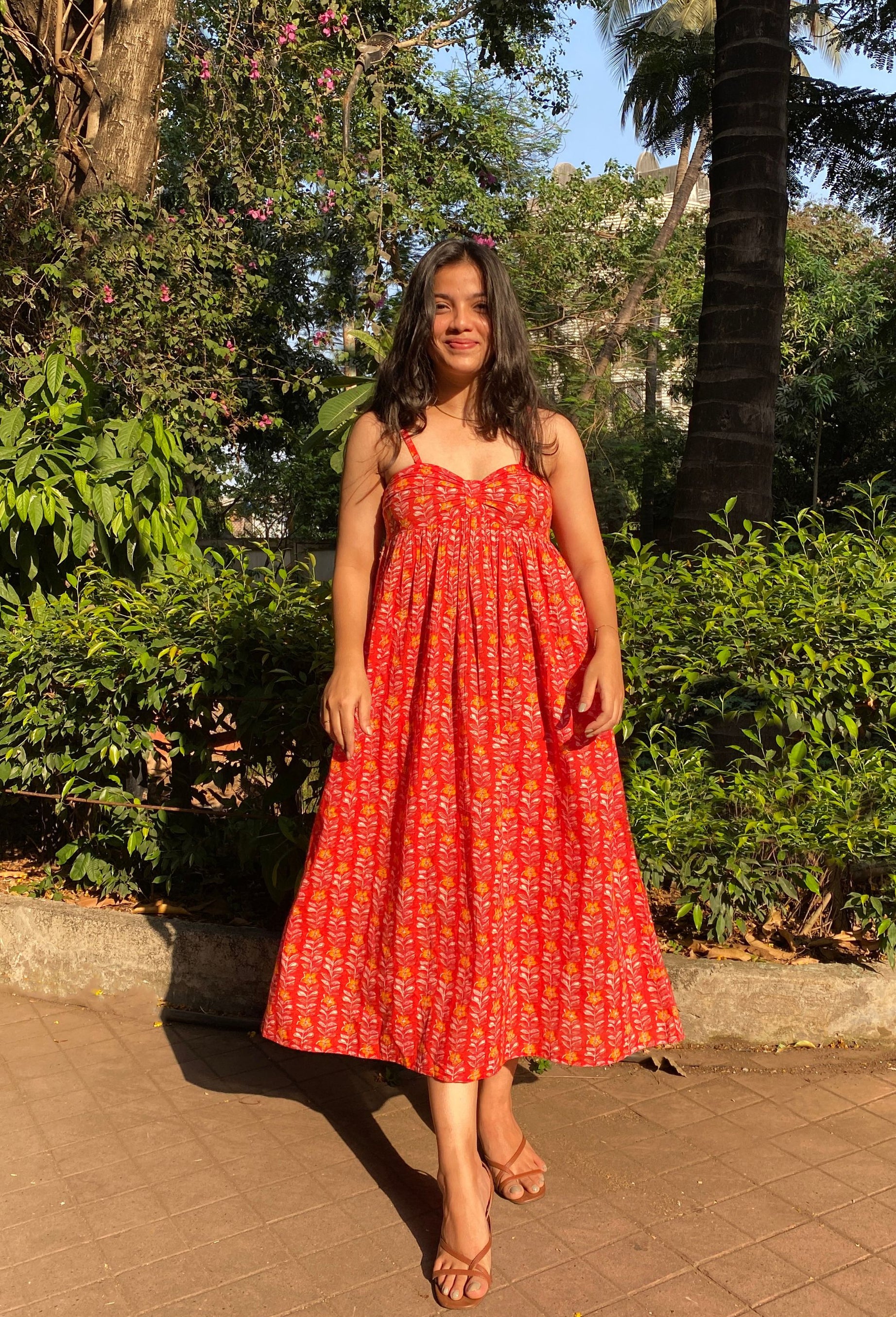 Crimson Red Floral Hand-Printed Cotton Maxi Dress with Pocket