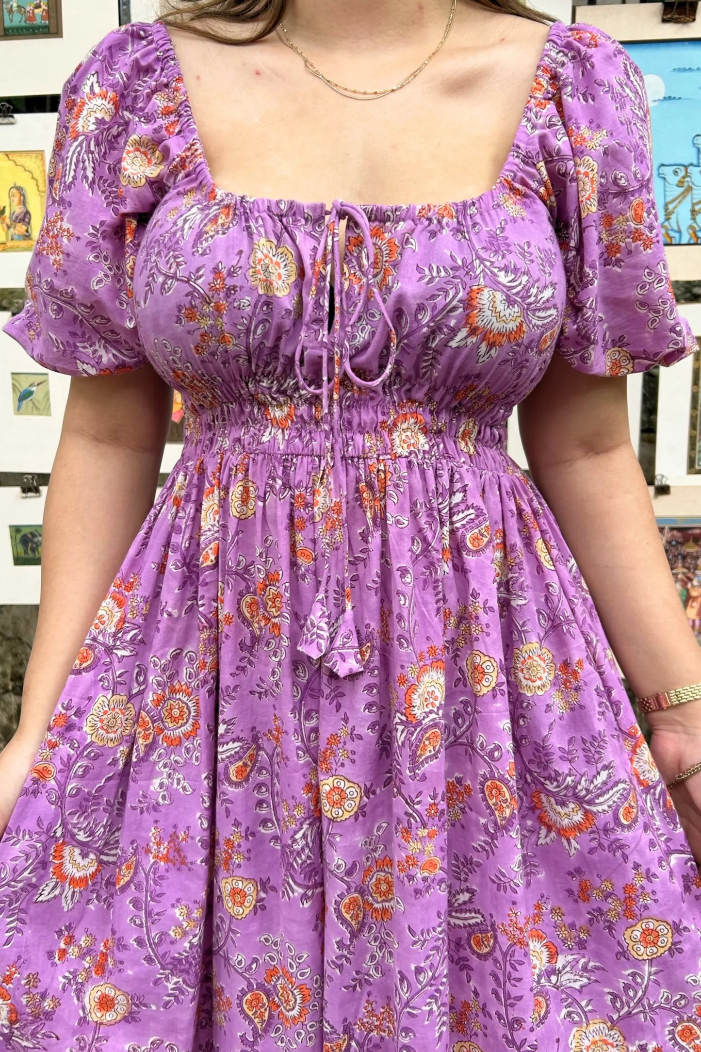 Lilac Floral Puff Sleeve Maxi Cotton Dress with Pocket AMARAA