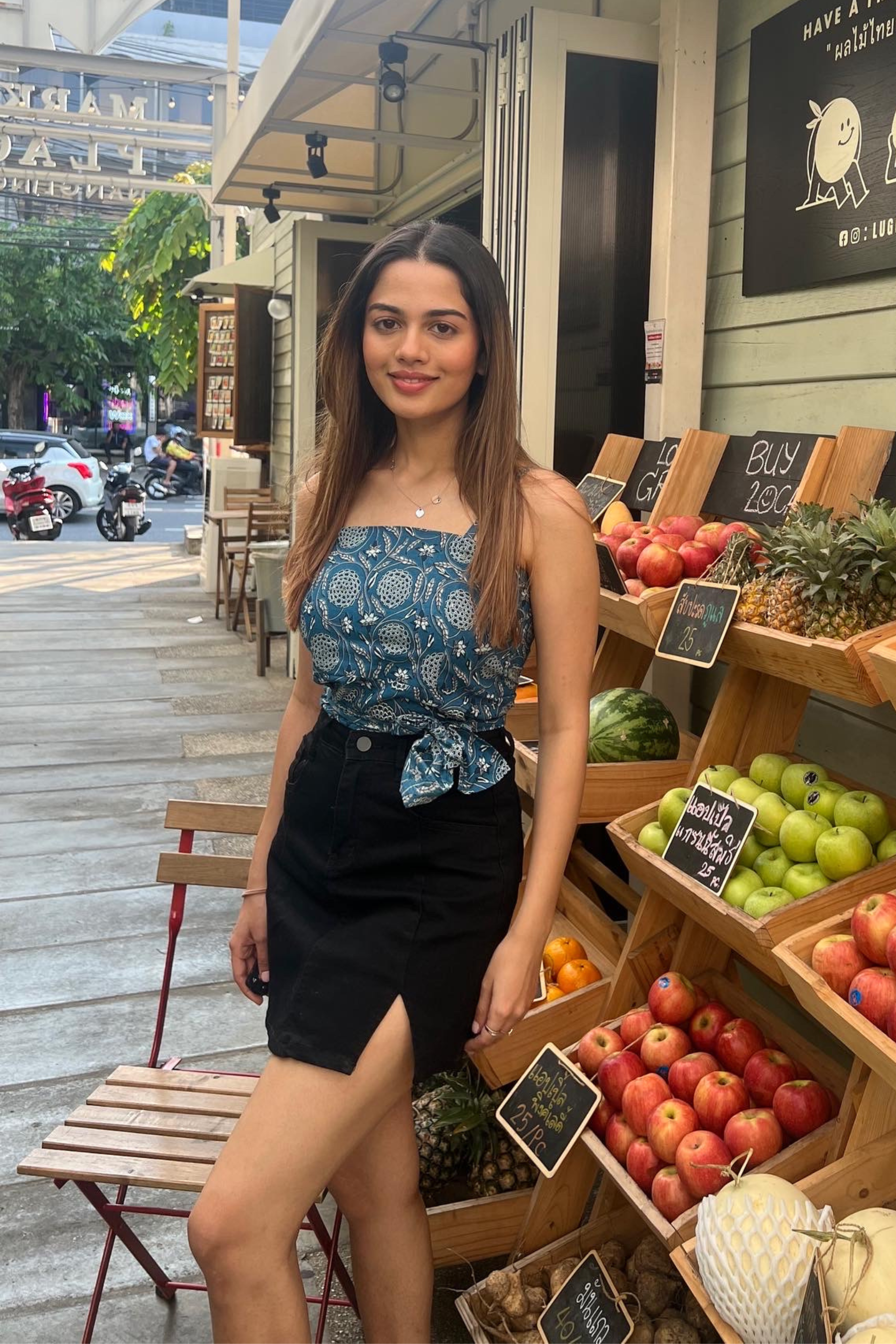 Blue Scarf Top with in a Floral Handprinted Cotton
