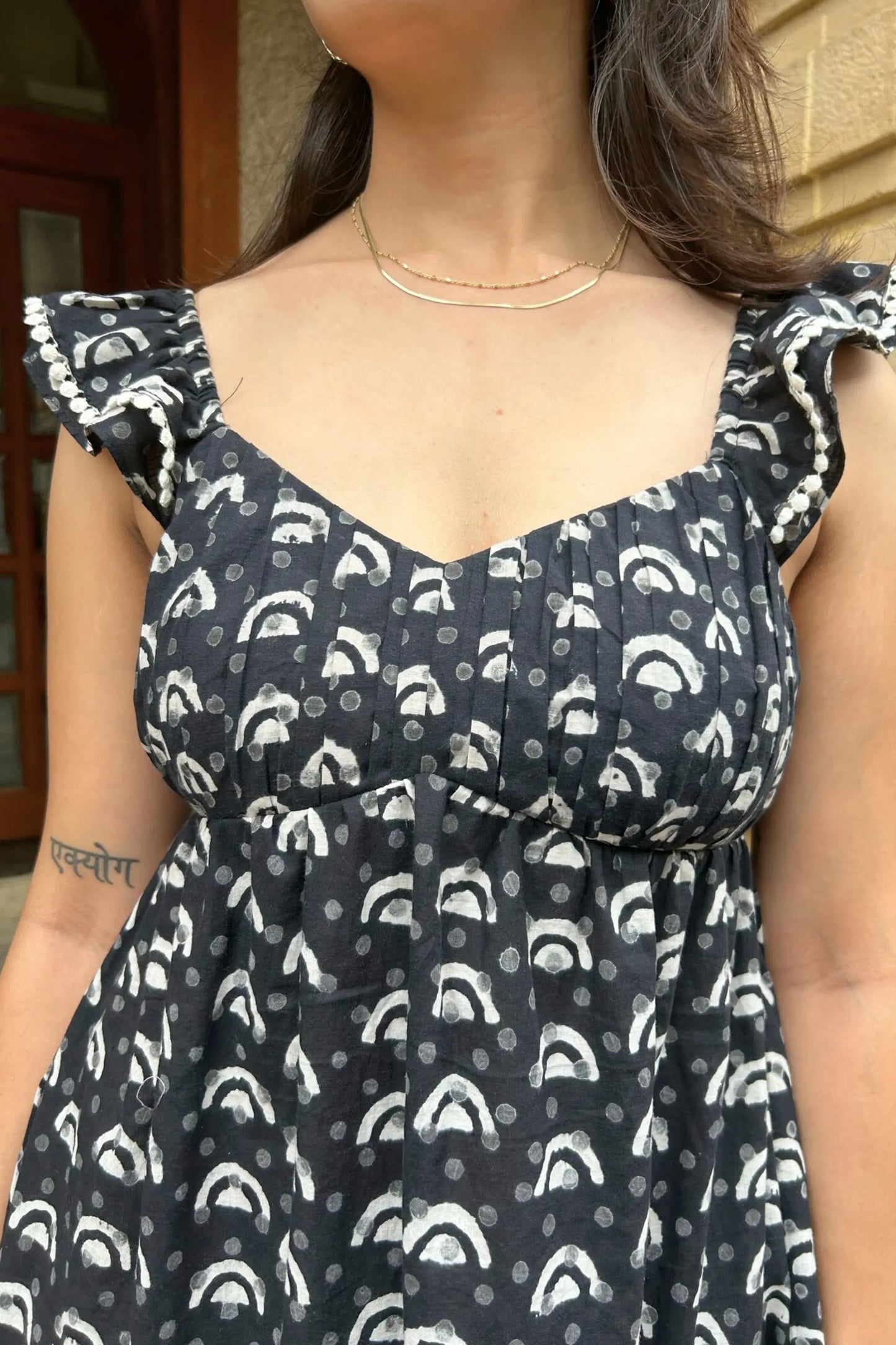 Black and White Geometric Hand-Block Printed Cotton Maxi Dress with Pocket AMARAA