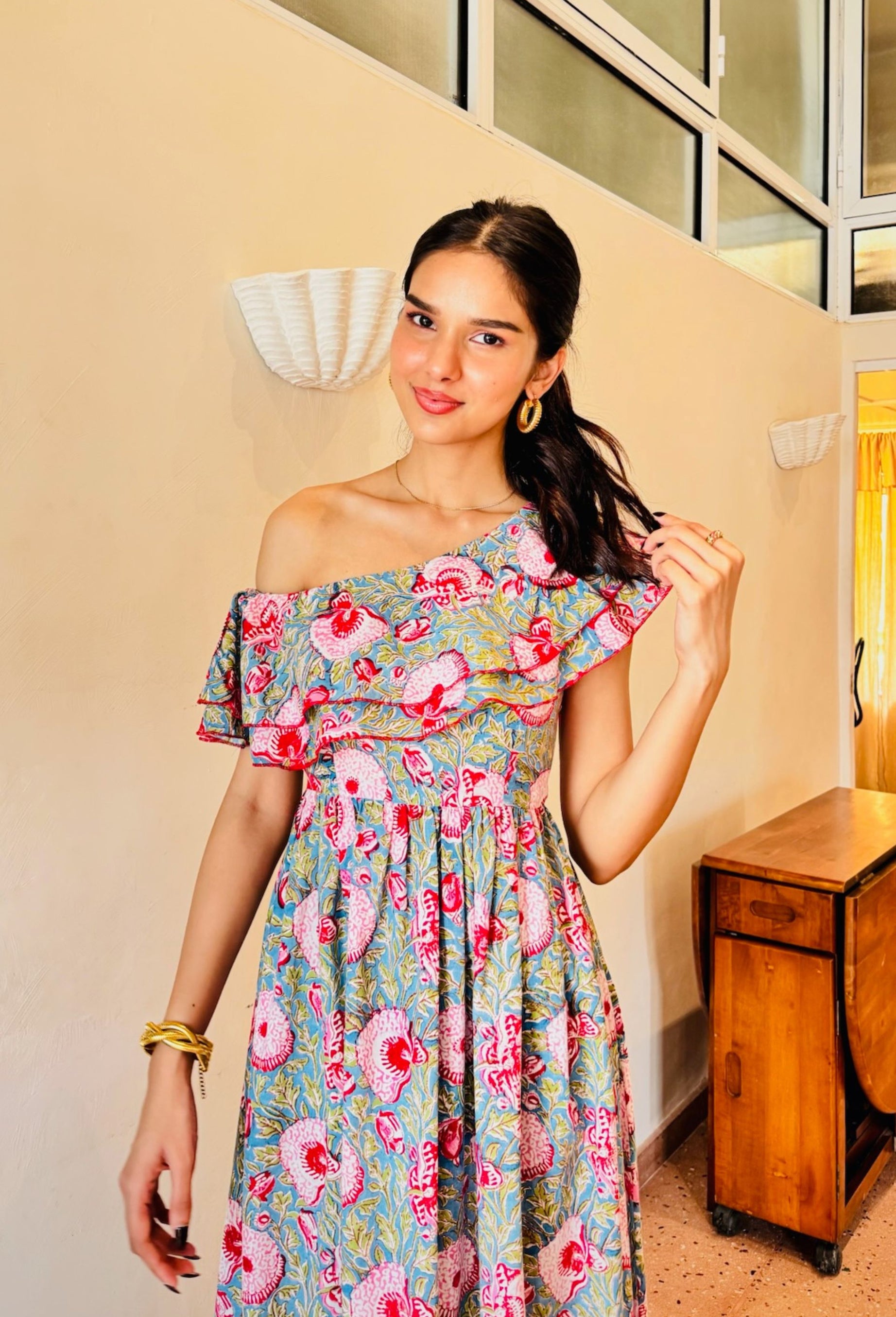 Blue & Red Floral One Side Drop Shoulder Frill Dress with One Side Pocket