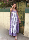Purple & White Dual Print Block Printed Cotton Maxi Dress with Side Zipper