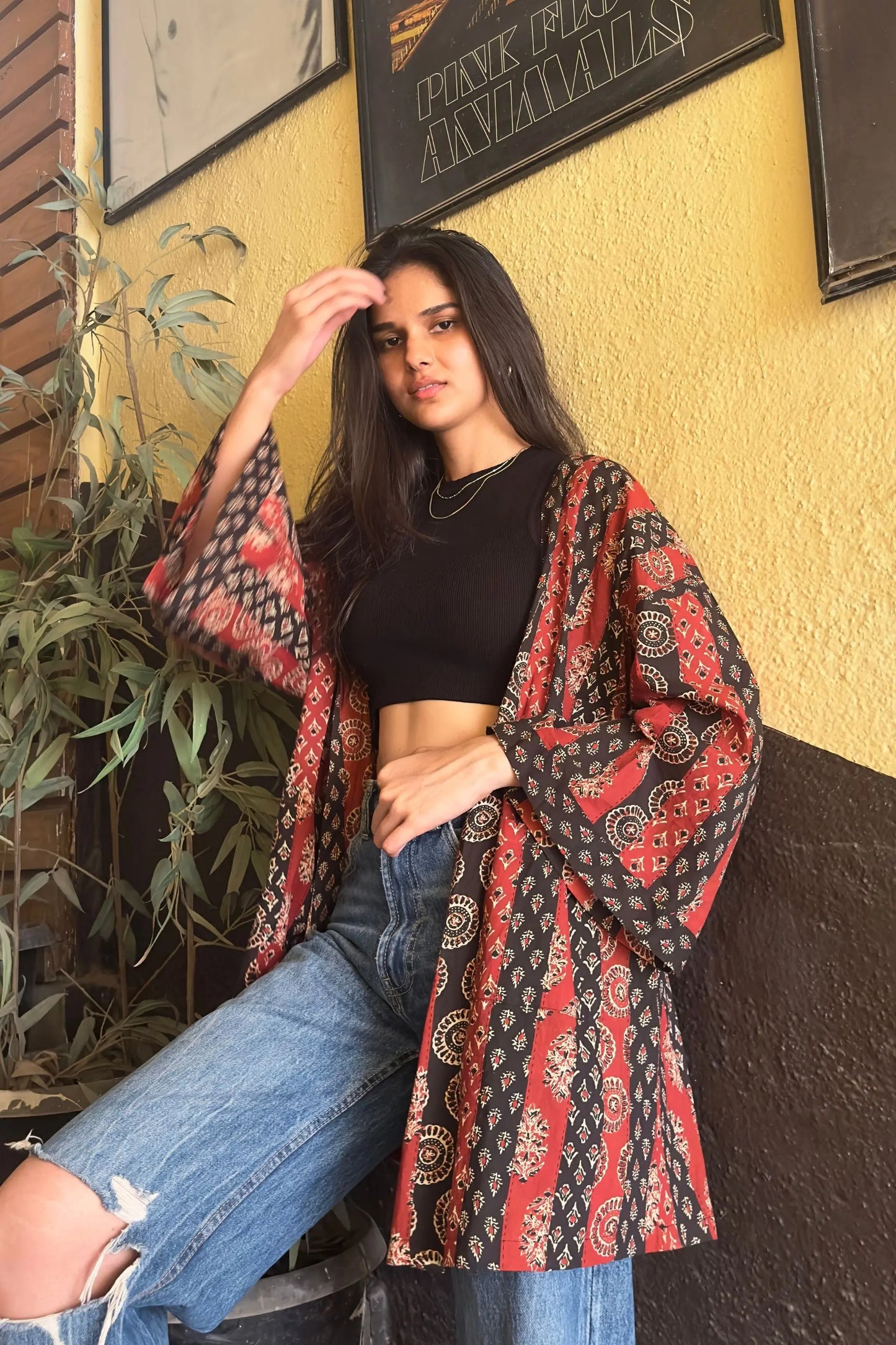 Free-size Unisex Patchword Ajrak Print Black and Red Shrug AMARAA