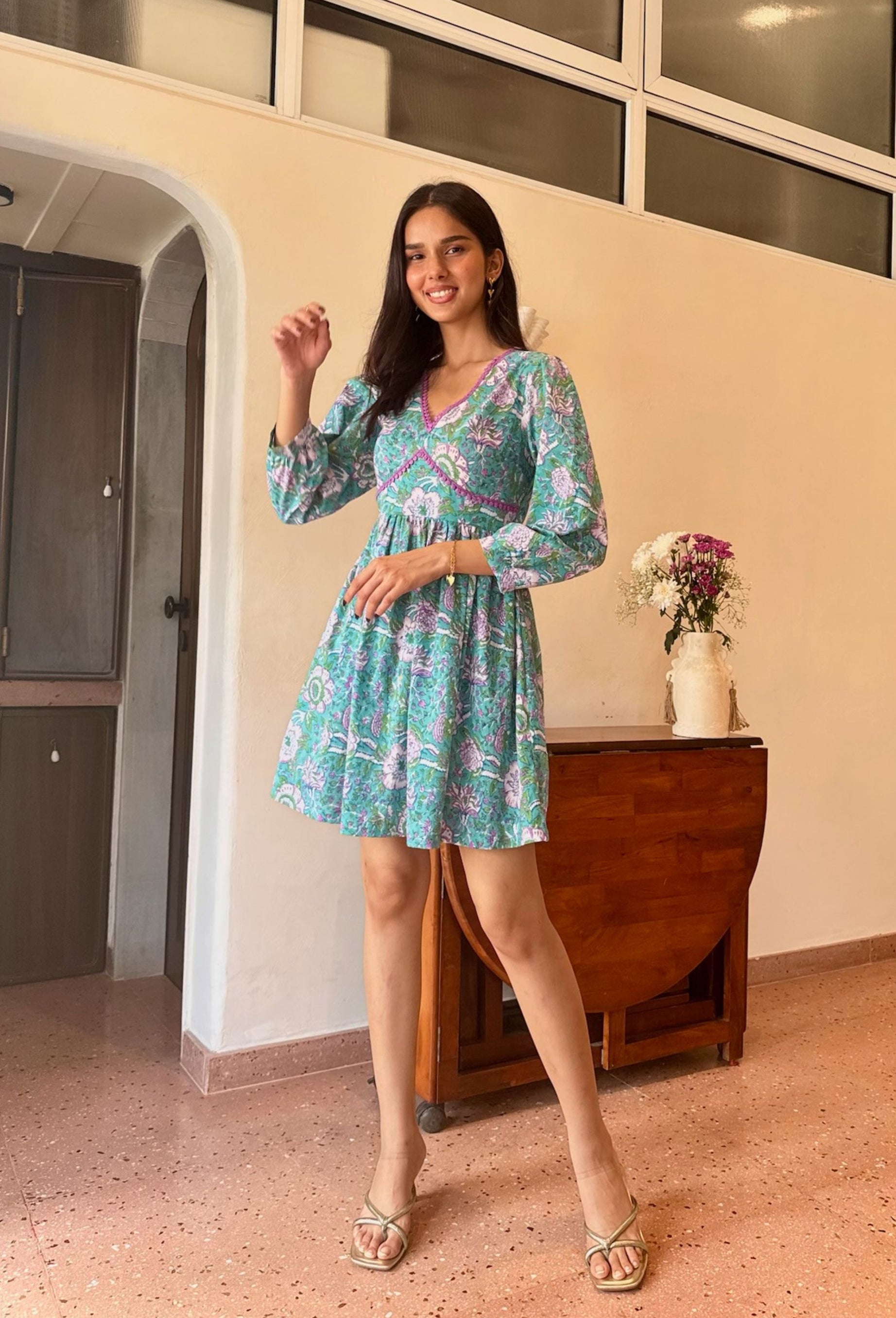 Teal Green & Purple Floral Cotton Dress with One Side Pocket